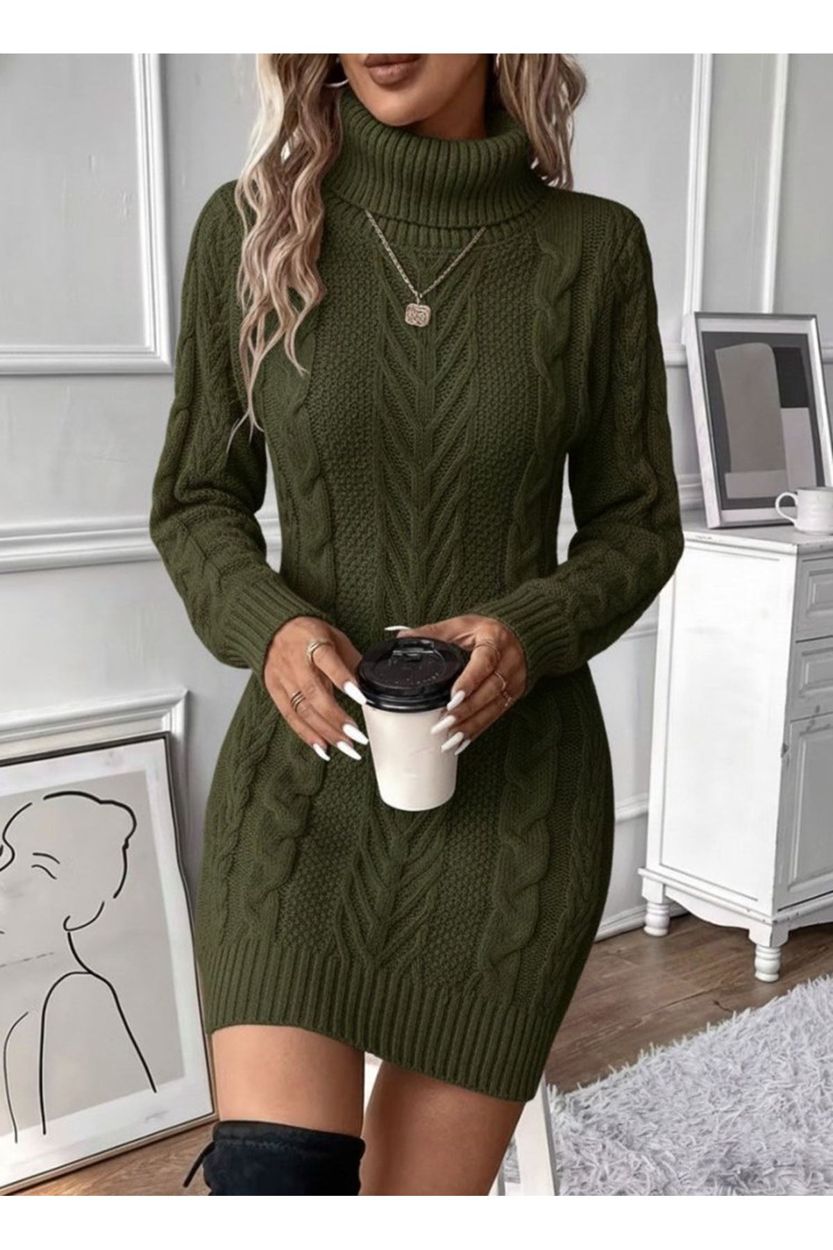 Kadın Balıkçı Yaka Mini Triko Elbise