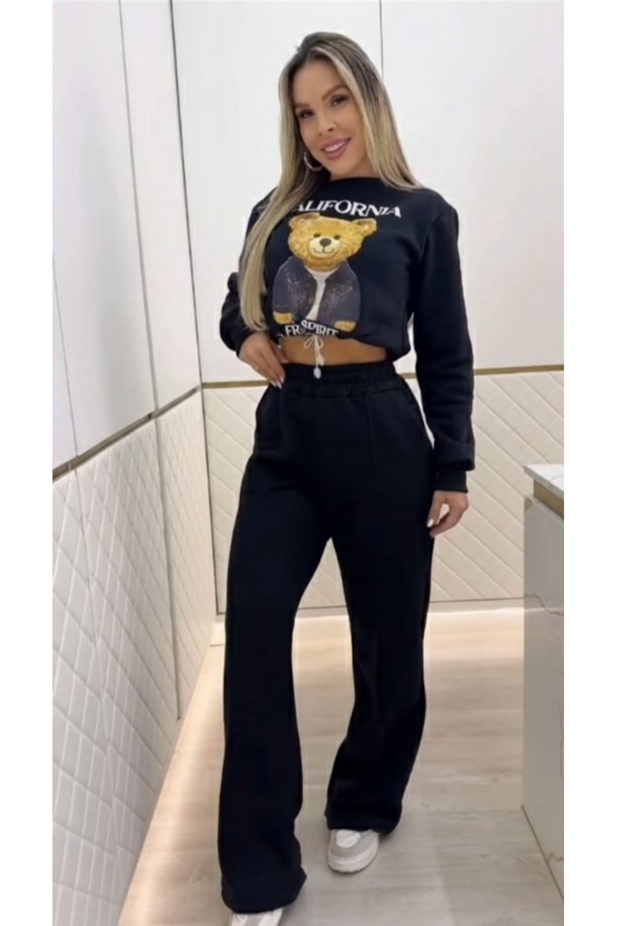 Kadın Uzun Kollu Bisiklet Yaka Desenli Iki Iplik şardonlu Bluz Ve Pantolon Ikili Takım