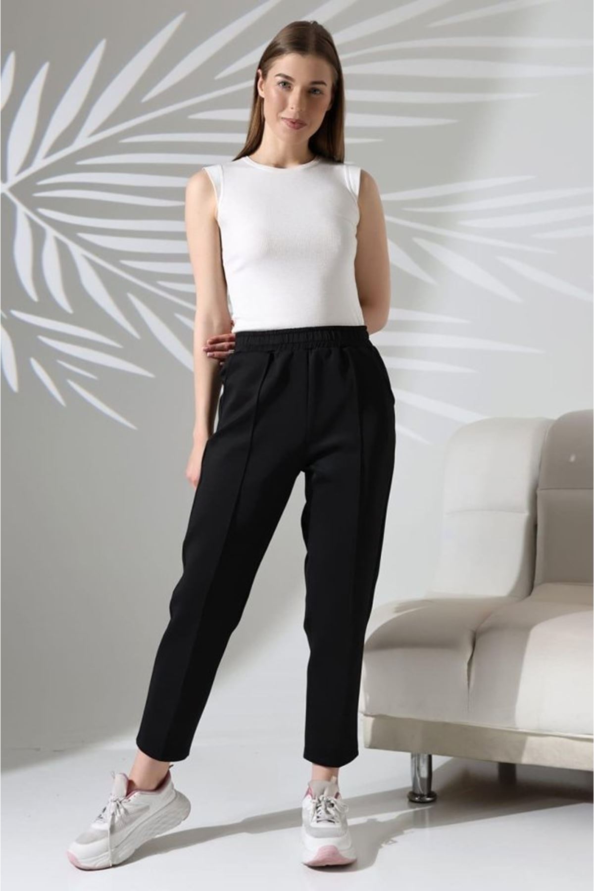 Kadın Uzun Kollu Dalıç Kumaş Cep Detay Beli Lastikli ütüsüz Pantolon