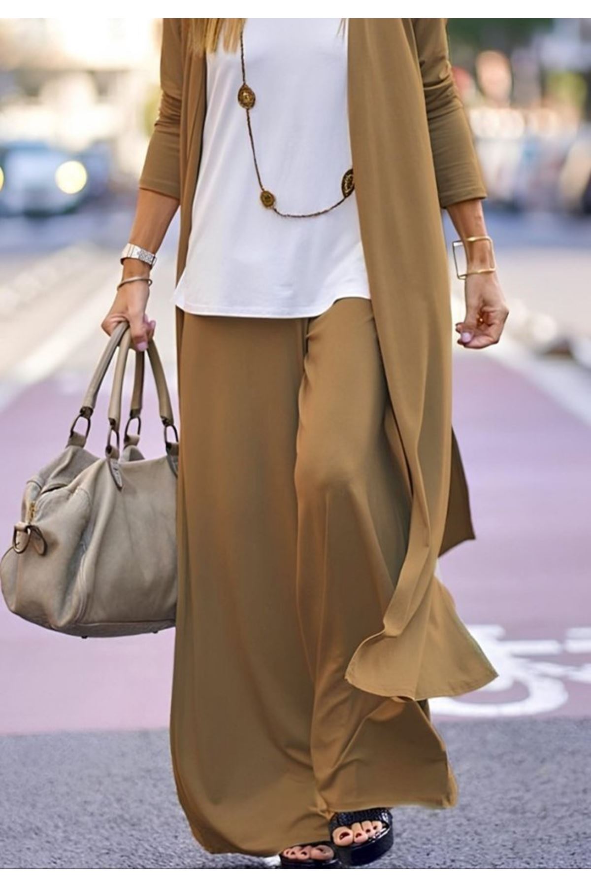 Kadın Uzun Kollu önü Açık Viskon Ceket Ve Pantolon Ikili Takım