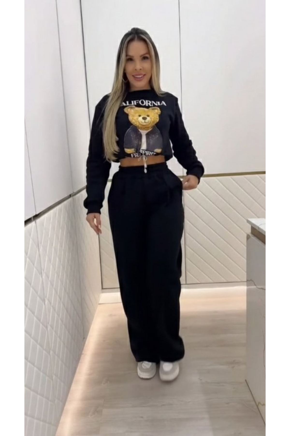 Kadın Uzun Kollu Bisiklet Yaka Desenli Iki Iplik şardonlu Bluz Ve Pantolon Ikili Takım