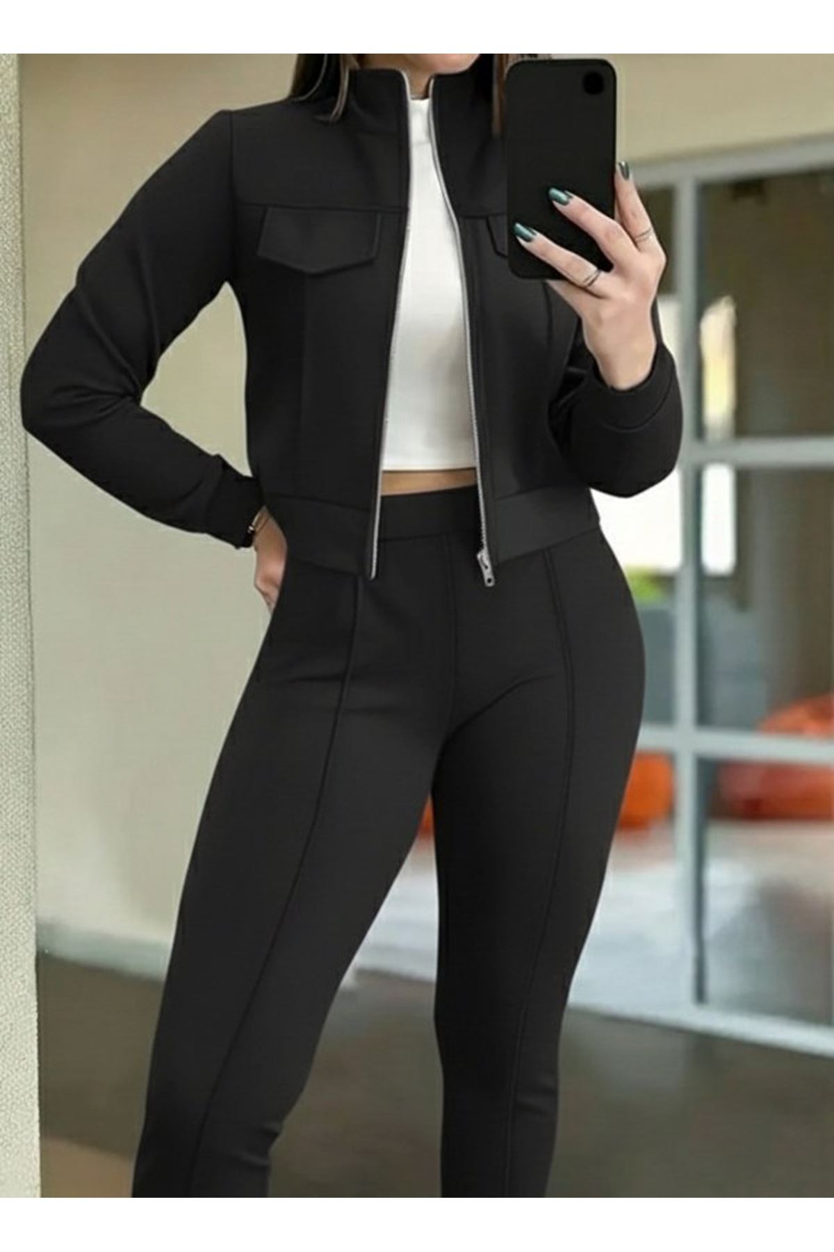 Kadın Uzun Kollu önden Fermuarlı Kısa Modal Ceket Ve Pantolon Ikili Takım