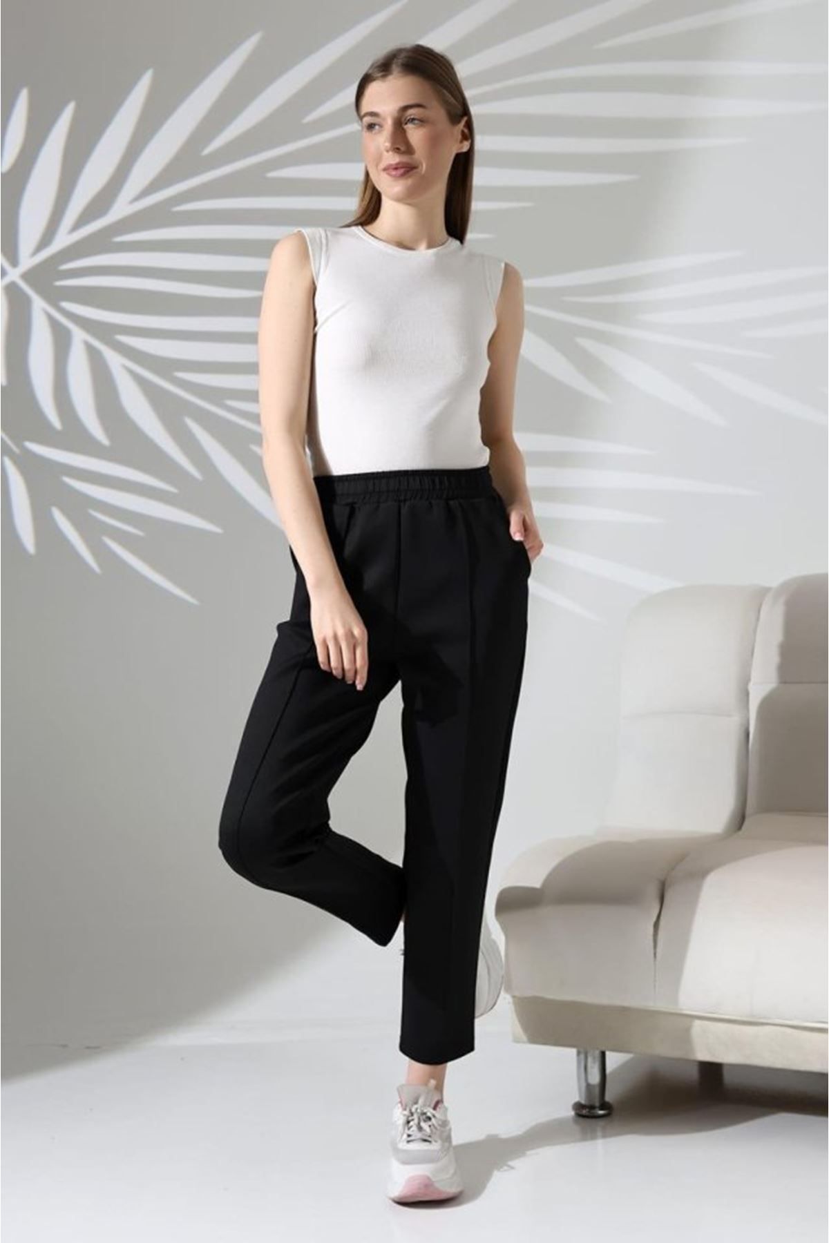 Kadın Uzun Kollu Dalıç Kumaş Cep Detay Beli Lastikli ütüsüz Pantolon