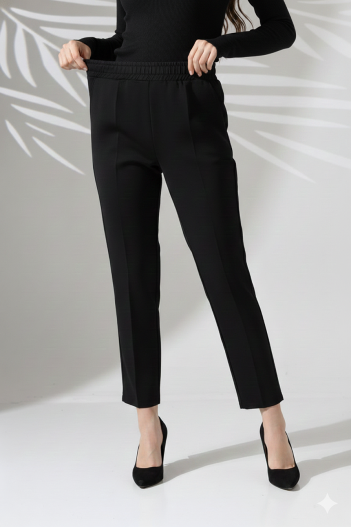 Kadın Uzun Kollu Dalıç Kumaş Cep Detay Beli Lastikli ütüsüz Pantolon