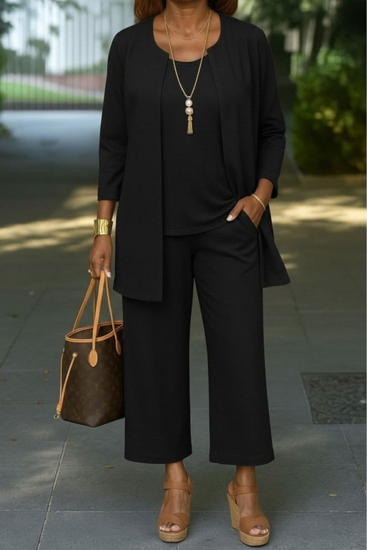 Kadın Uzun Kollu önü Açık Modal Ceket Kolsuz Viskon Iki Iplik Bluz Ve Pantolon üçlü Takım