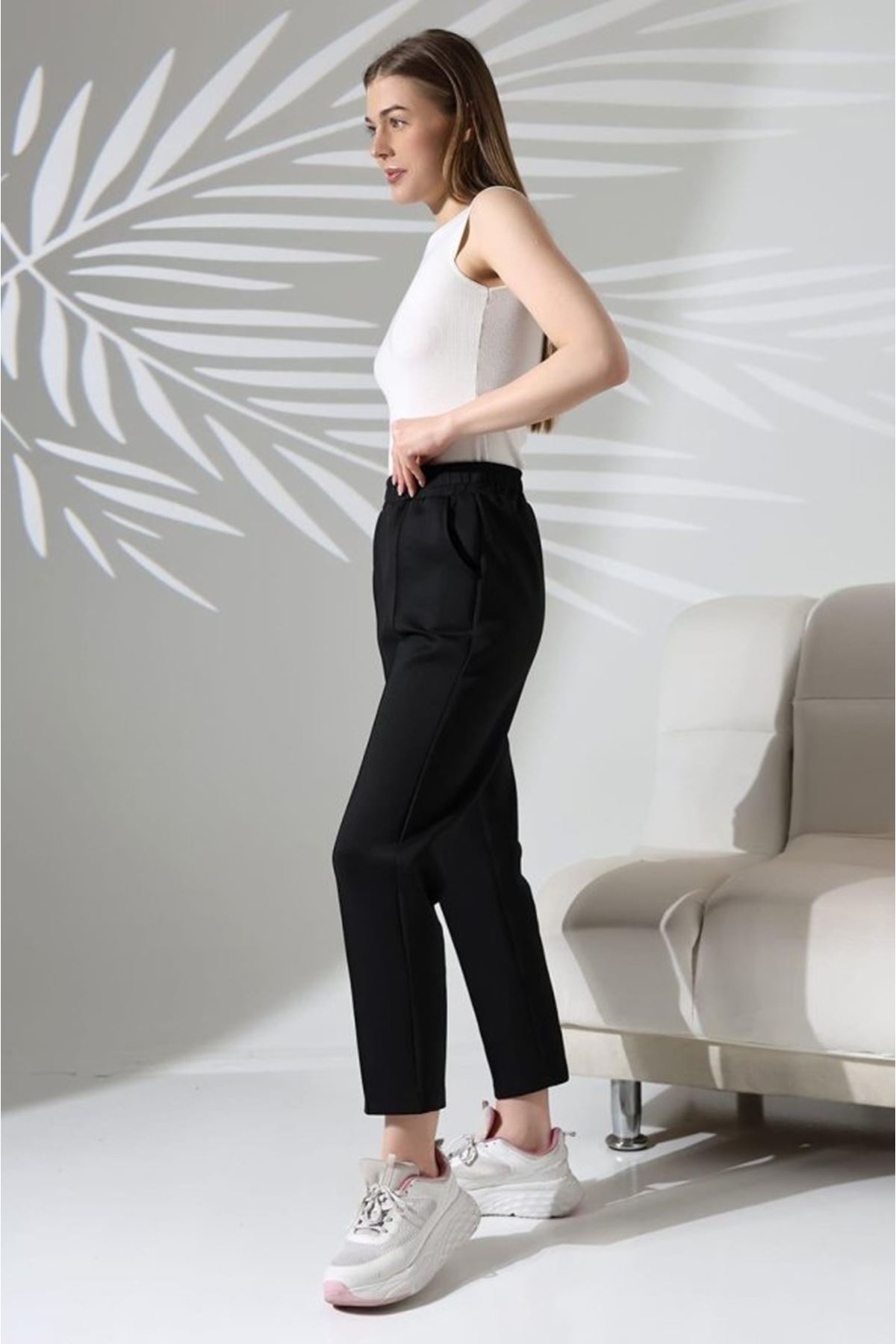 Kadın Uzun Kollu Dalıç Kumaş Cep Detay Beli Lastikli ütüsüz Pantolon