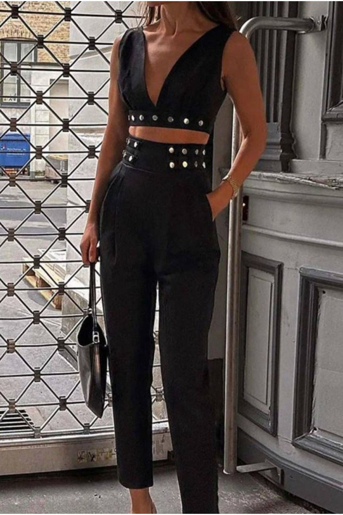 Kadın Double Krep Kumaş Düğme Aksesuar Detaylı Takım