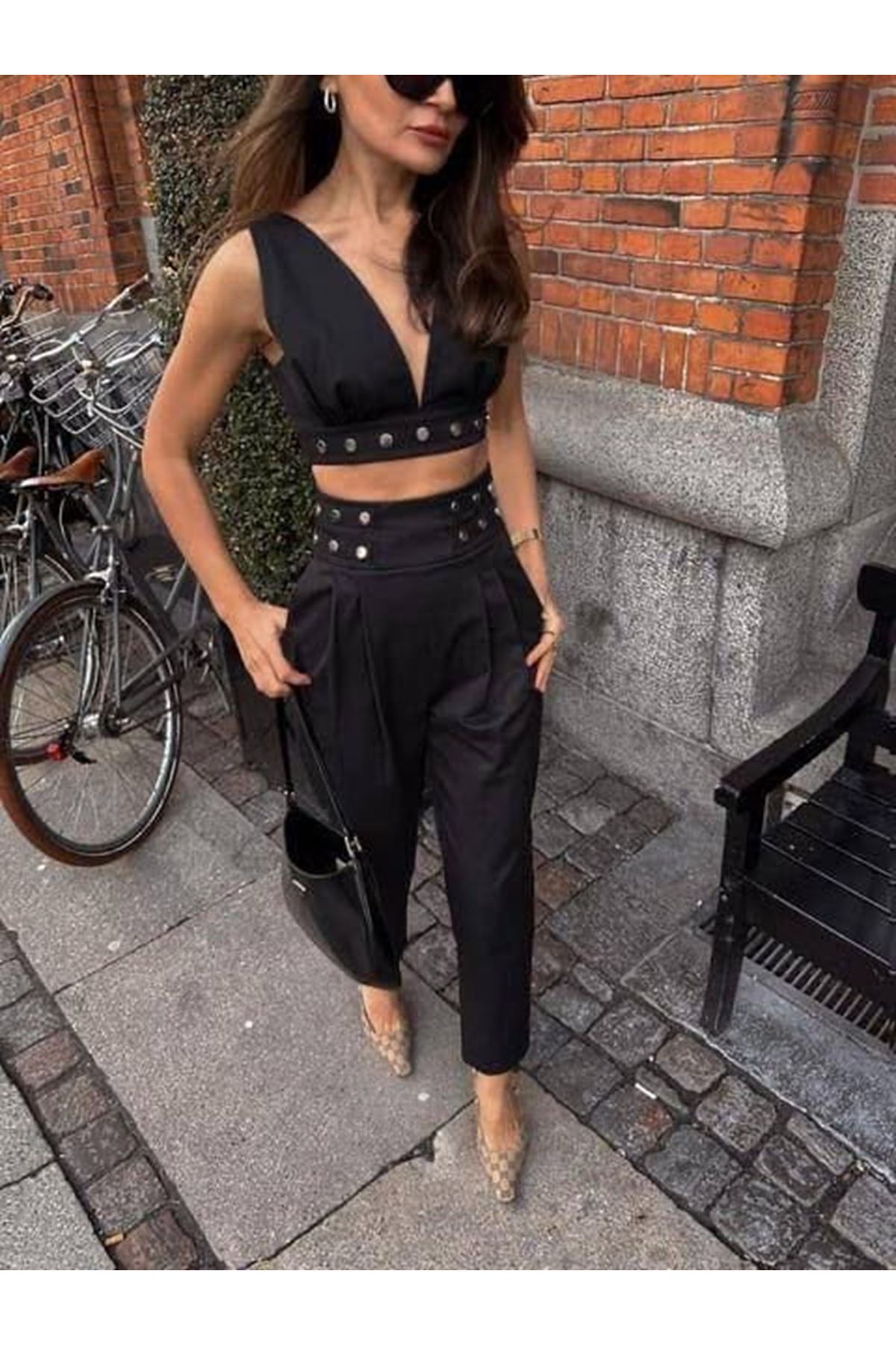 Kadın Double Krep Kumaş Düğme Aksesuar Detaylı Takım