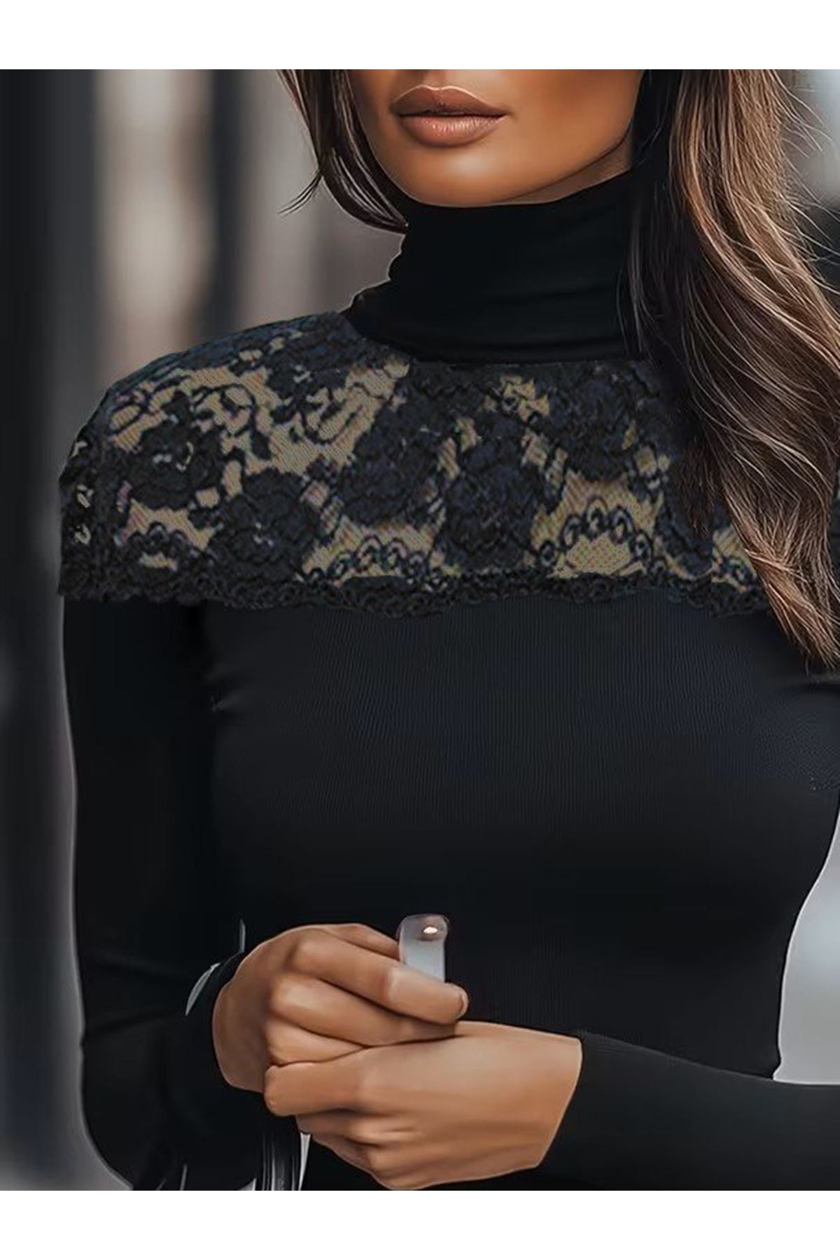 Kadın Uzun Kollu Balıkçı Yaka Dantelli Kaşkorse Bluz