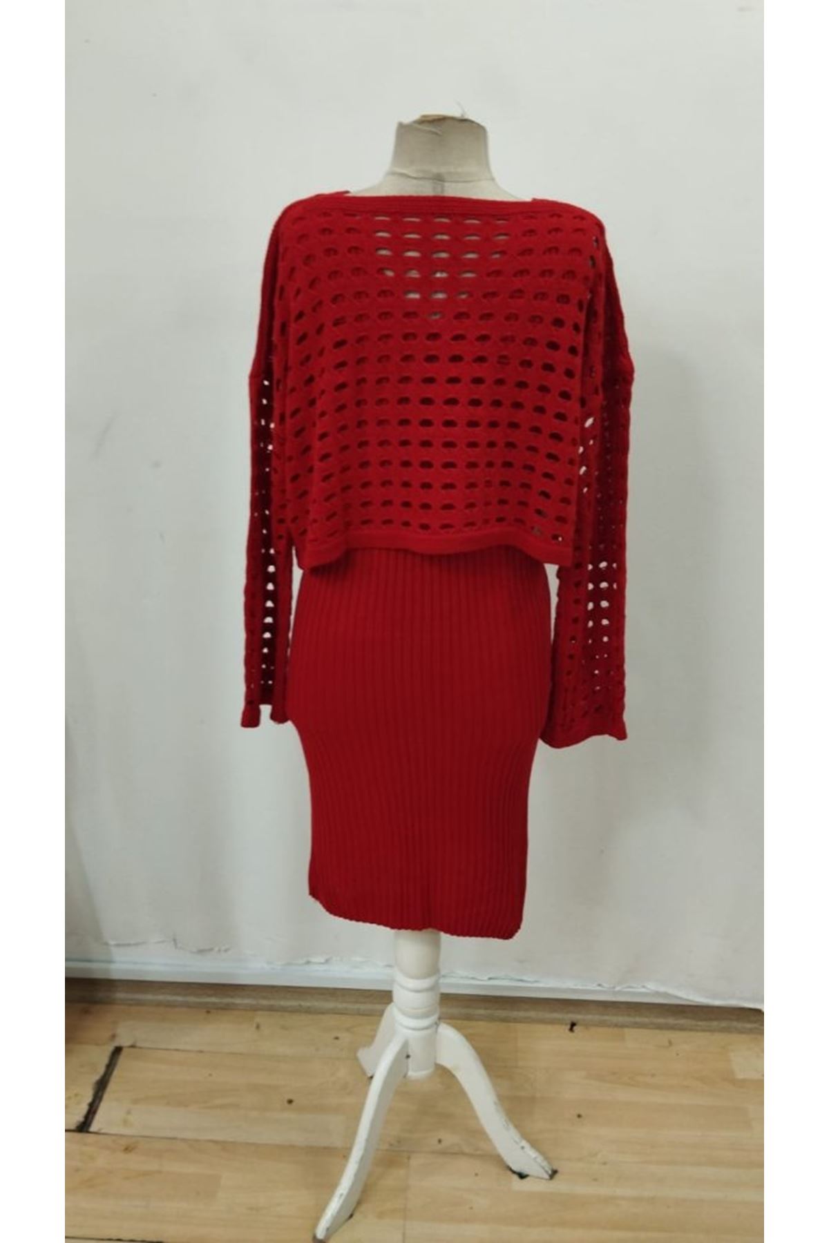 Kadın Uzun Kollu Delikli Kazak Askılı Elbise Triko Ikili Takım