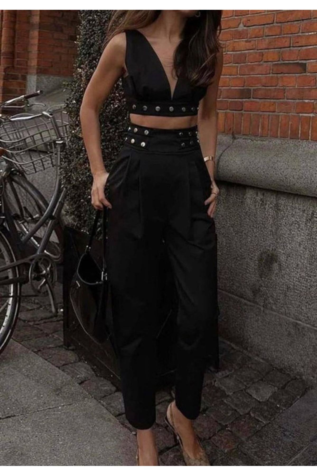 Kadın Double Krep Kumaş Düğme Aksesuar Detaylı Takım