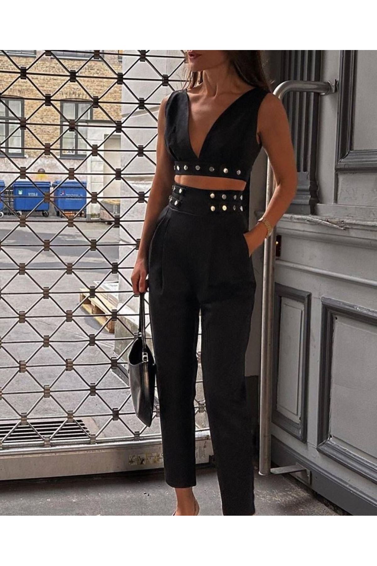 Kadın Double Krep Kumaş Düğme Aksesuar Detaylı Takım