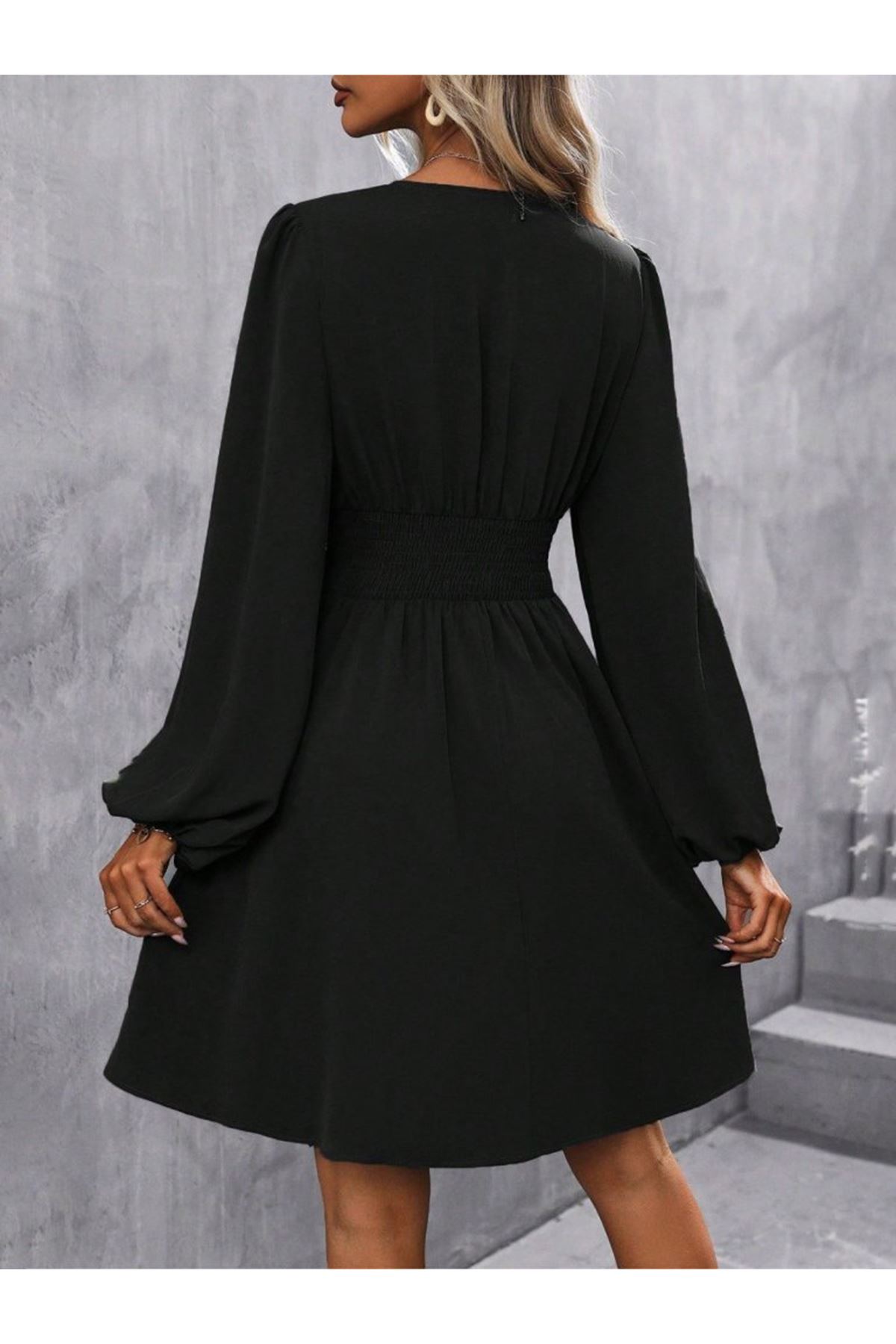 Kadın Uzun Kollu Kruvaze Yakalı Bel Korsajlı Mini Elbise
