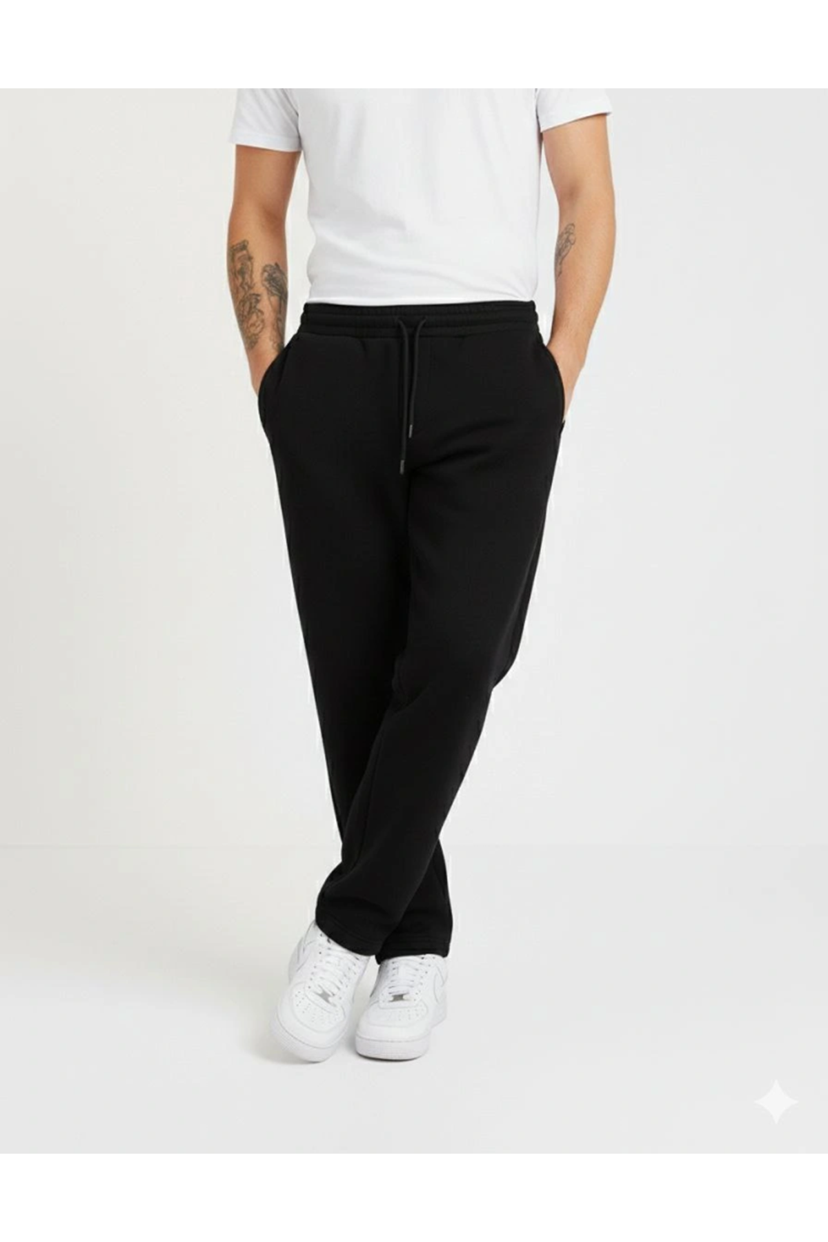 Erkek Üç Iplik Kışlık Pamuklu Ovarsize Bağcıklı Düz Paça Cepli Eşofman Altı Spor Rahat Model - Siyah