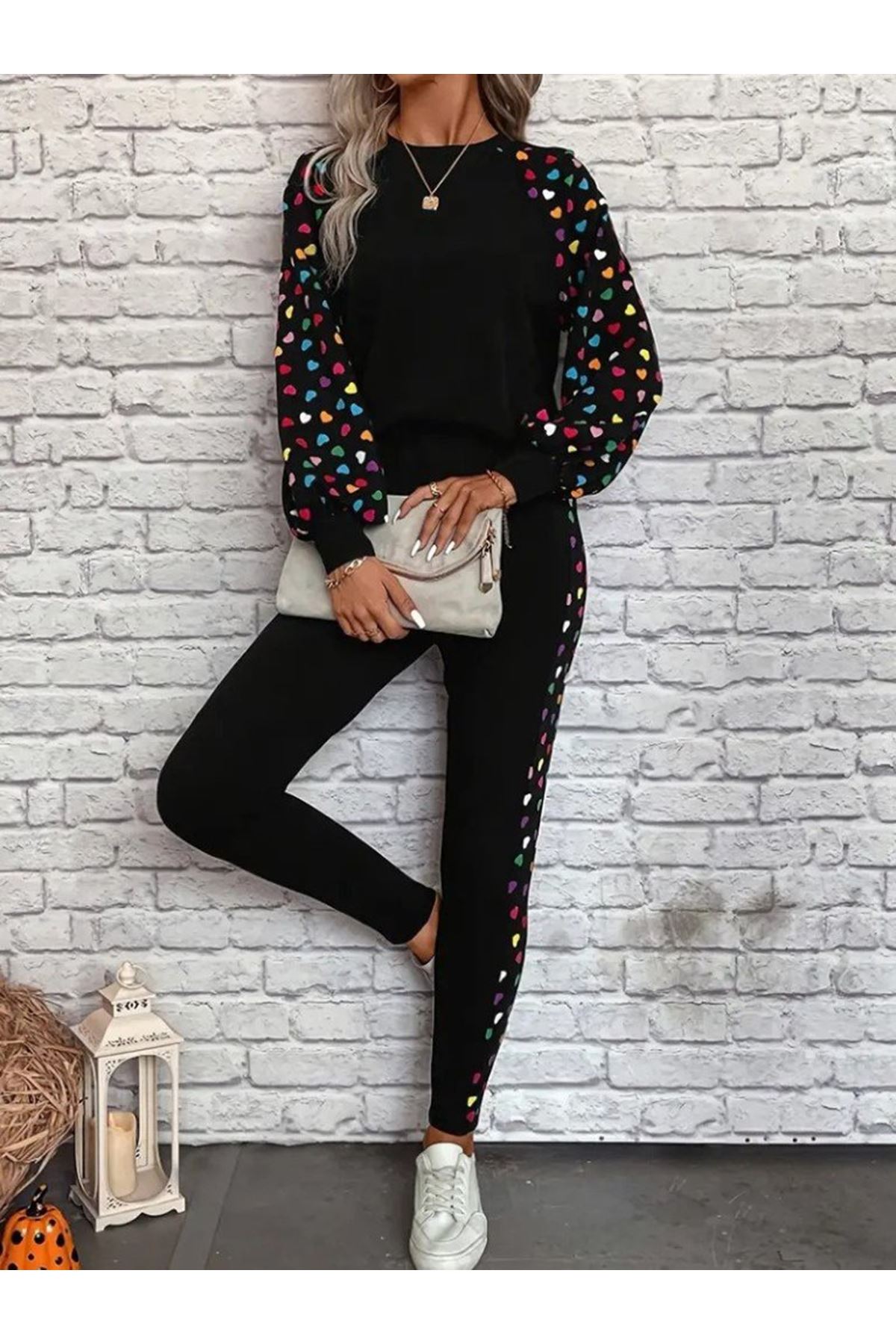 Kadın Uzun Kollu Bisiklet Yaka Desenli Viskon Iki Iplik Bluz Ve Pantolon Ikili Takım