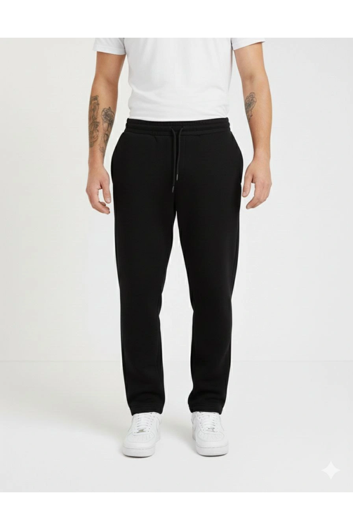 Erkek Üç Iplik Kışlık Pamuklu Ovarsize Bağcıklı Düz Paça Cepli Eşofman Altı Spor Rahat Model - Siyah