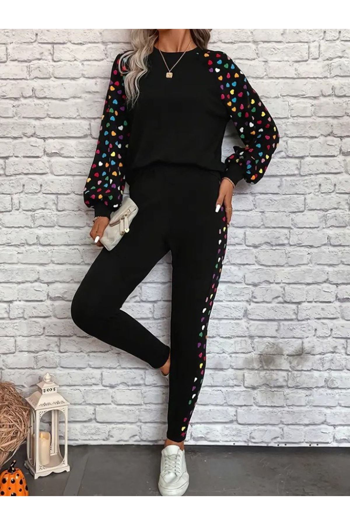 Kadın Uzun Kollu Bisiklet Yaka Desenli Viskon Iki Iplik Bluz Ve Pantolon Ikili Takım