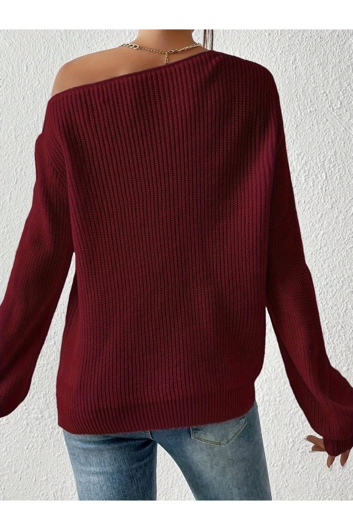 Kadın Uzun Kollu Tek Omuzu Açık Detaylı Triko Bluz
