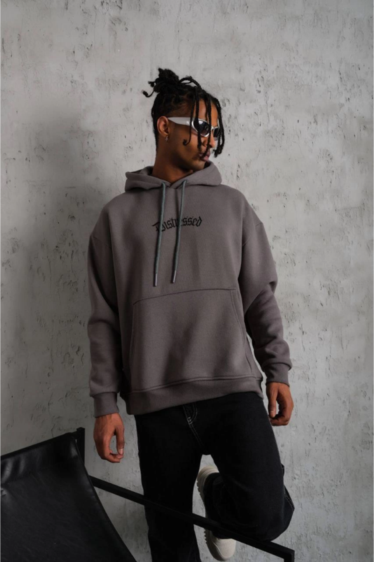 Erkek Üç İplik Baskılı Kapüşonlu Sweat - Gri