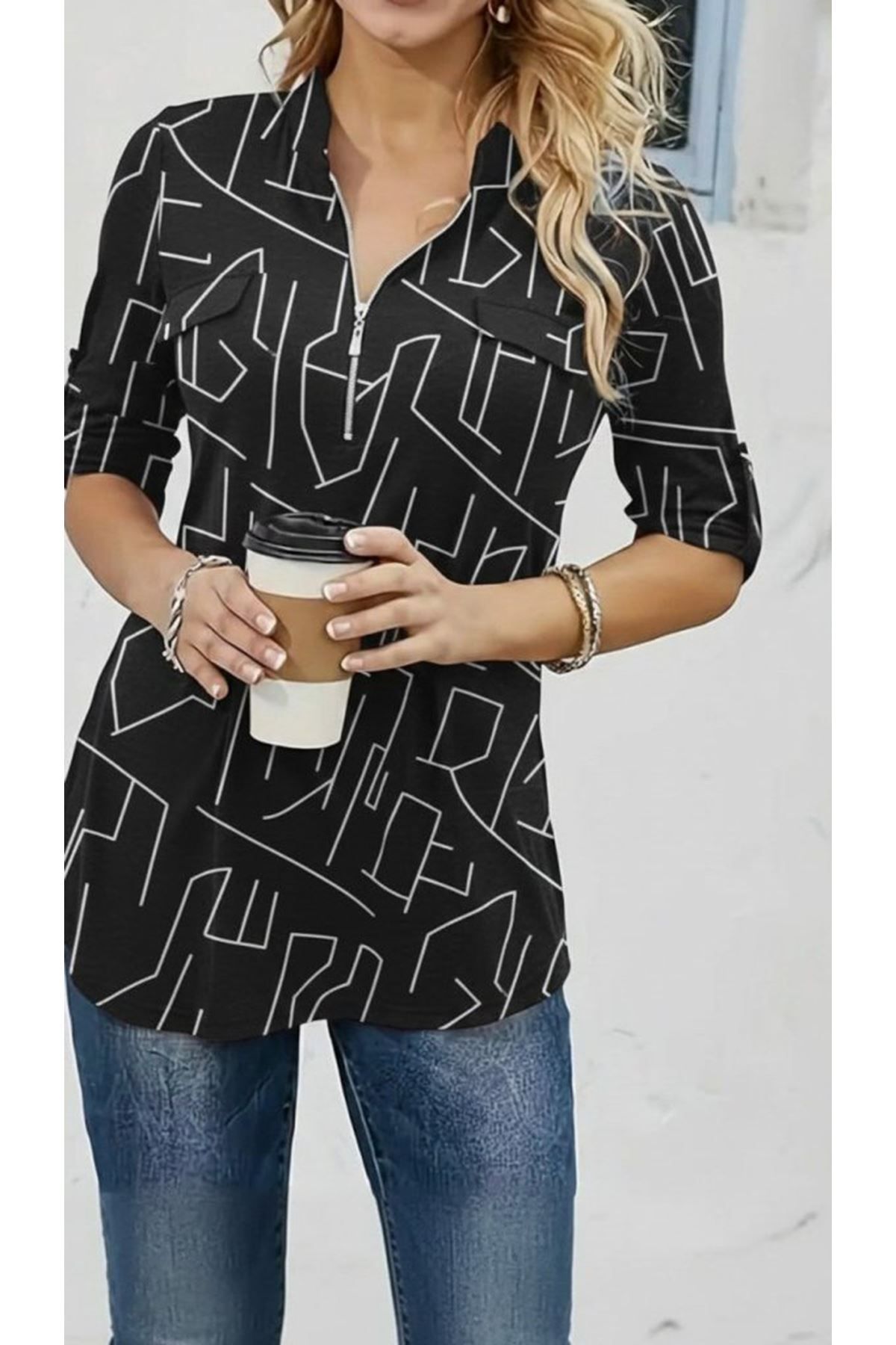 Kadın Uzun Kollu Hakim Yaka Yakadan Fermuarlı Geometrik Desenli Süprem Bluz