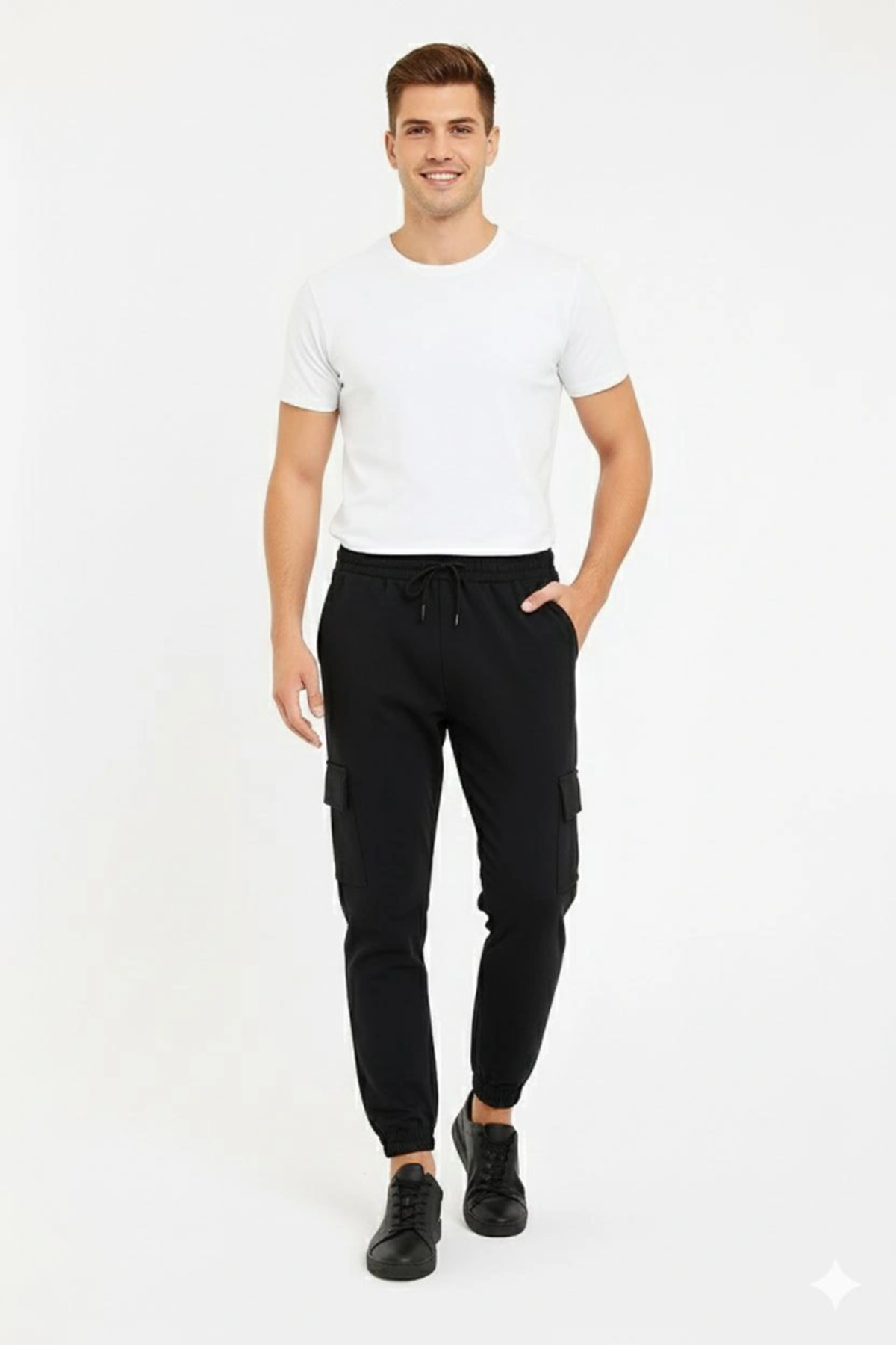 Erkek Siyah Jogger Eşofman Altı Rahat Kalıp, Kargo Cepli, Lastikli Paça, Günlük Spor Pantolon - Siyah