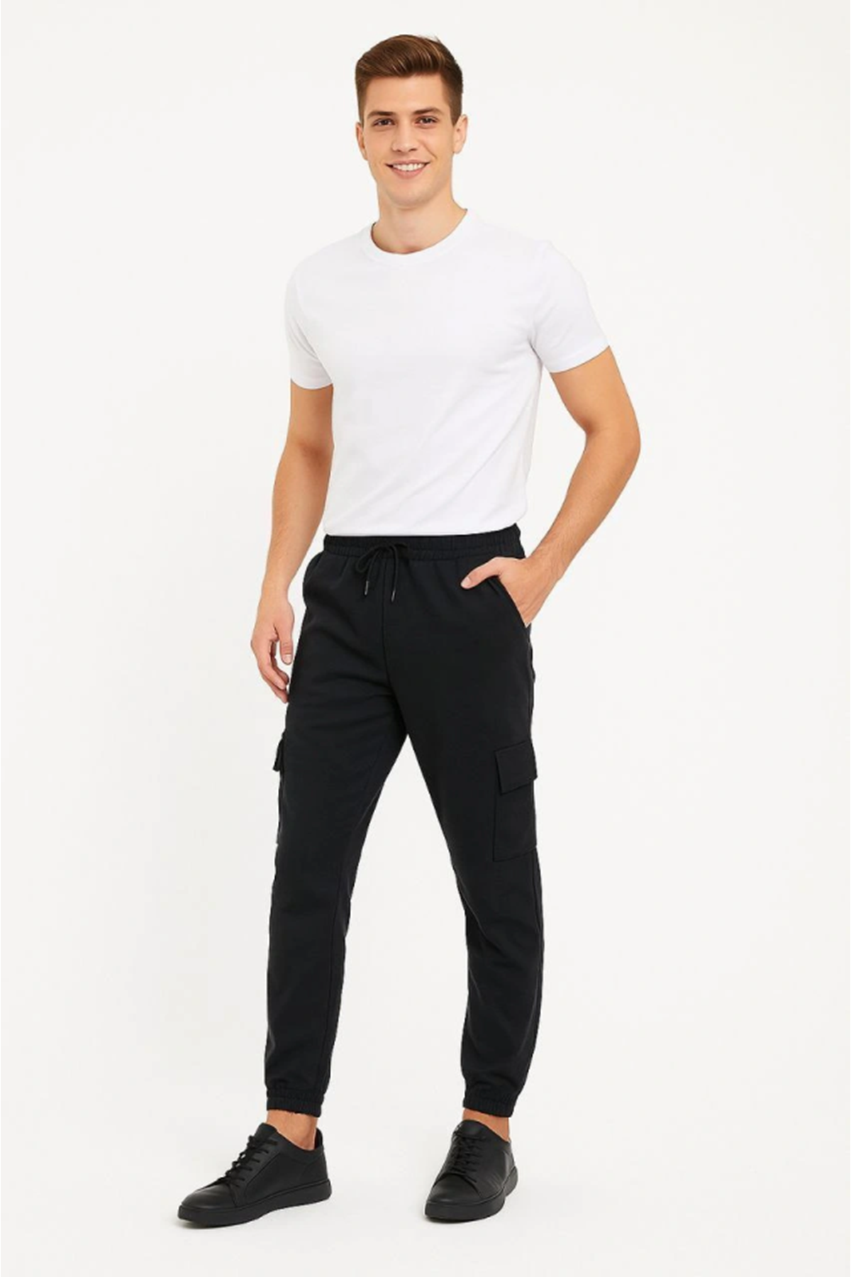 Erkek Siyah Jogger Eşofman Altı Rahat Kalıp, Kargo Cepli, Lastikli Paça, Günlük Spor Pantolon - Siyah