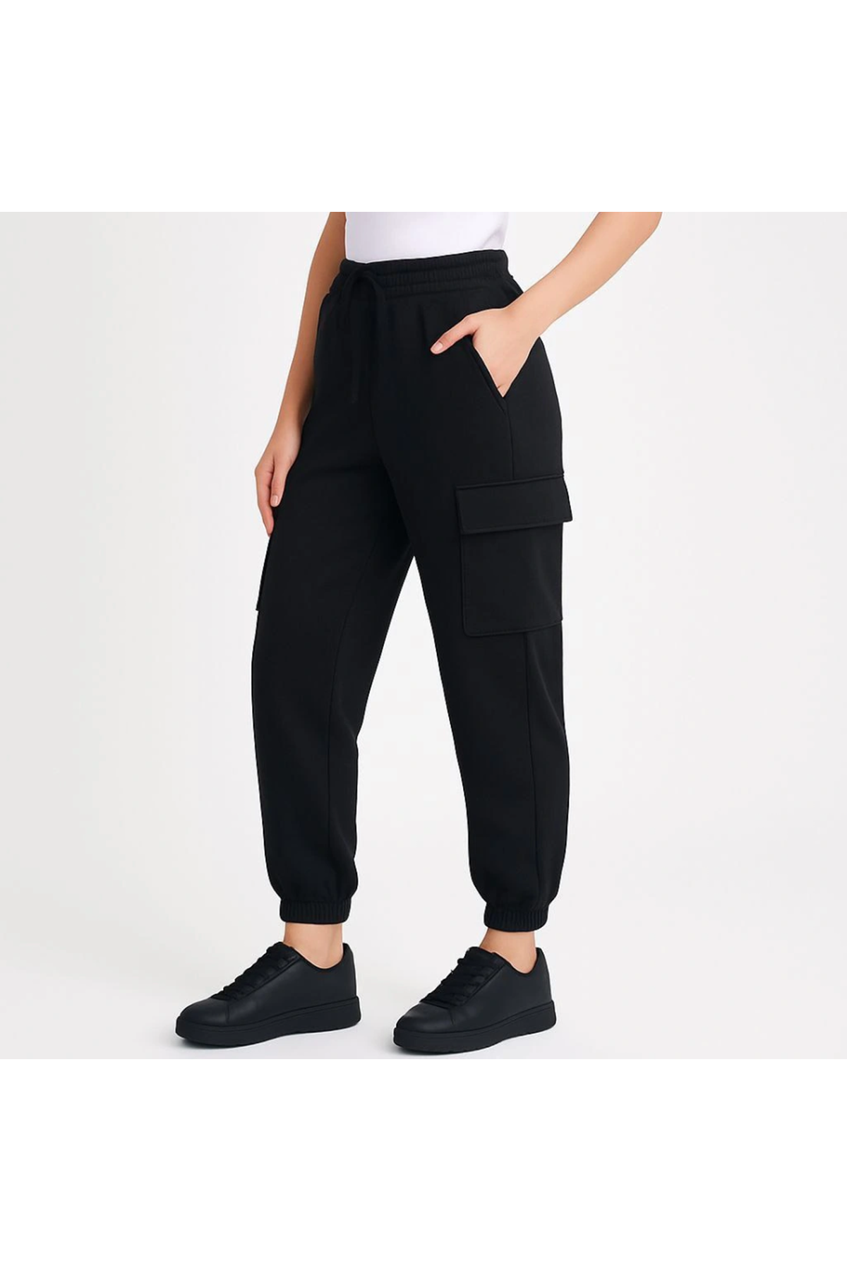Siyah Jogger Eşofman Altı Rahat Kalıp, Kargo Cepli,  Lastikli Paça, Günlük Spor Pantolon - Siyah