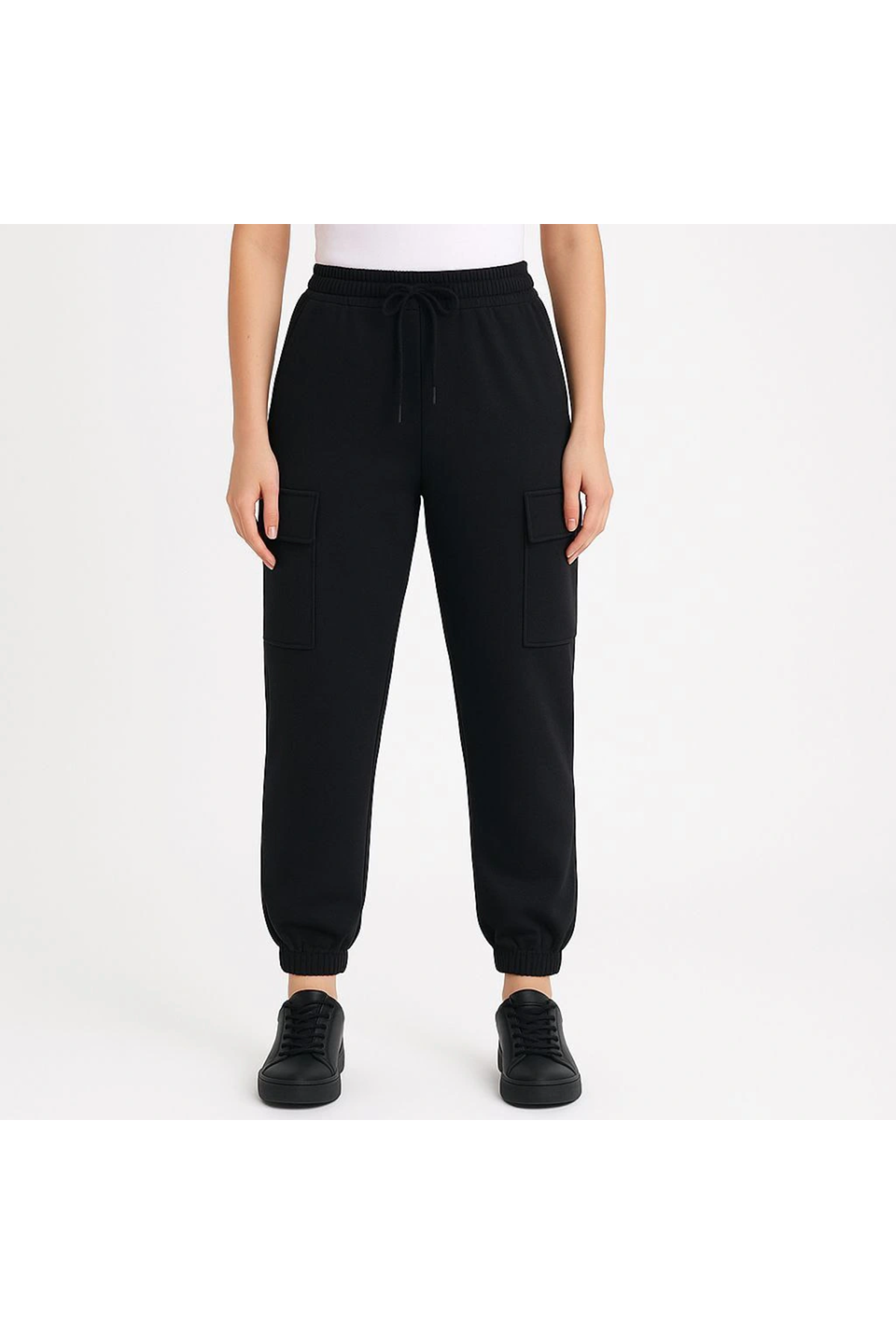 Siyah Jogger Eşofman Altı Rahat Kalıp, Kargo Cepli,  Lastikli Paça, Günlük Spor Pantolon - Siyah