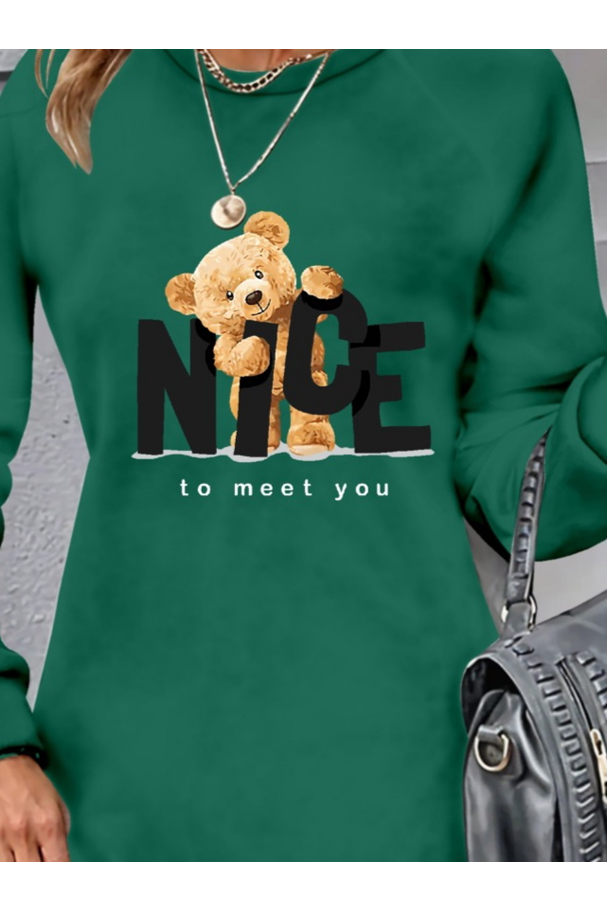 Kadın Uzun Kollu Bisiklet Yaka Ayı Desenli Viskon Iki Iplik Elbise