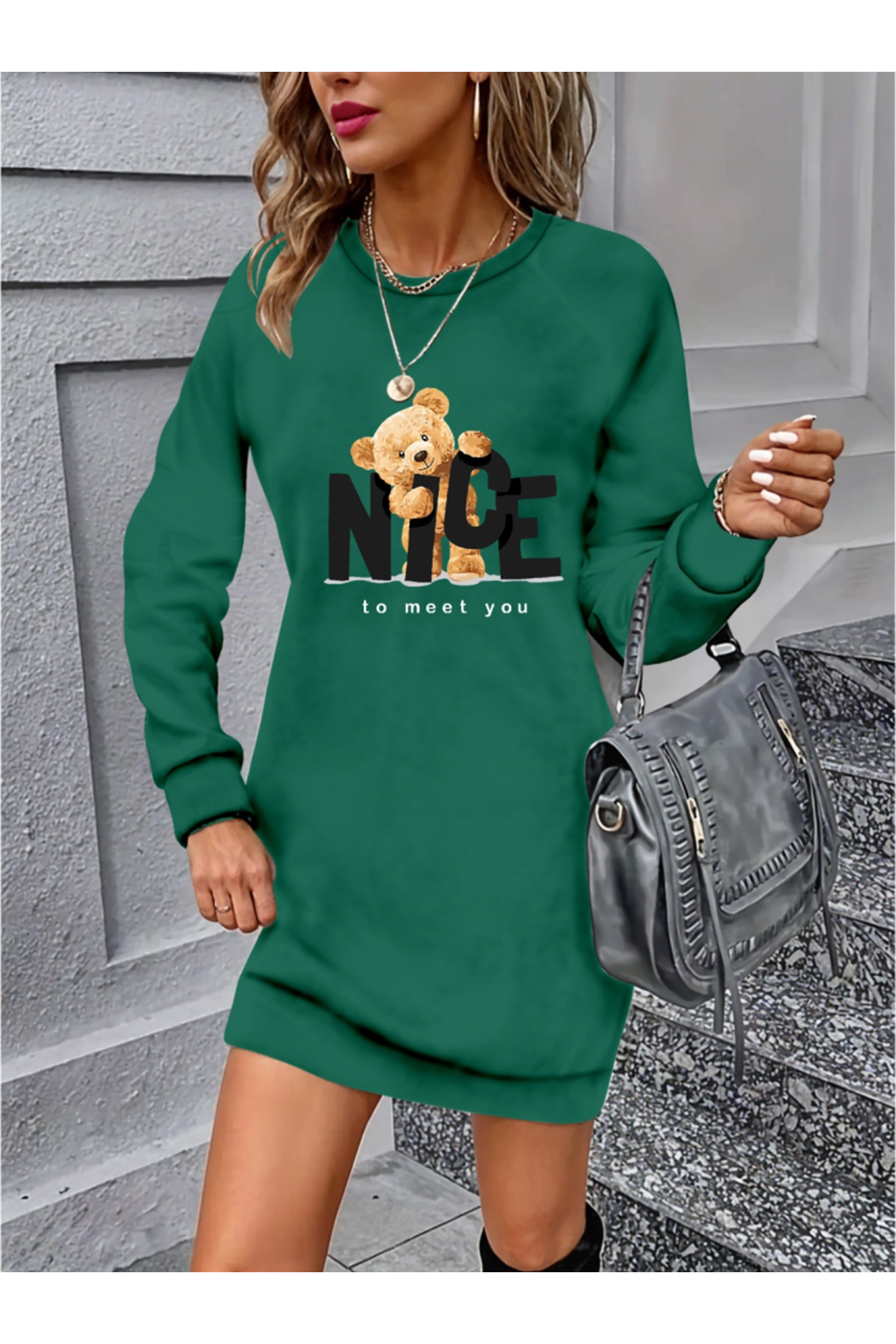 Kadın Uzun Kollu Bisiklet Yaka Ayı Desenli Viskon Iki Iplik Elbise