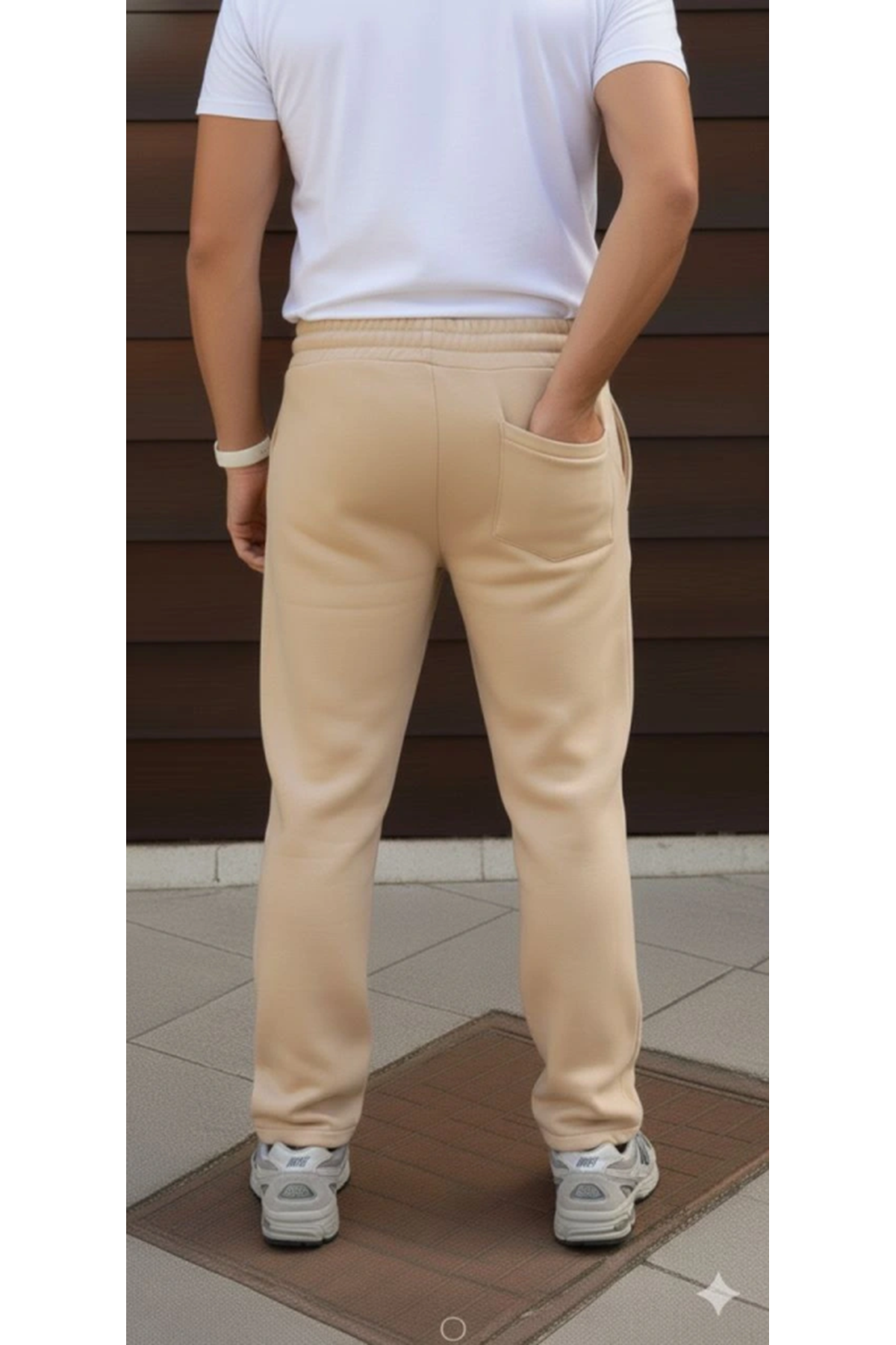 Erkek Üç Iplik Kışlık Pamuklu Ovarsize Bağcıklı Düz Paça Cepli Eşofman Altı Spor Rahat Model - Bej