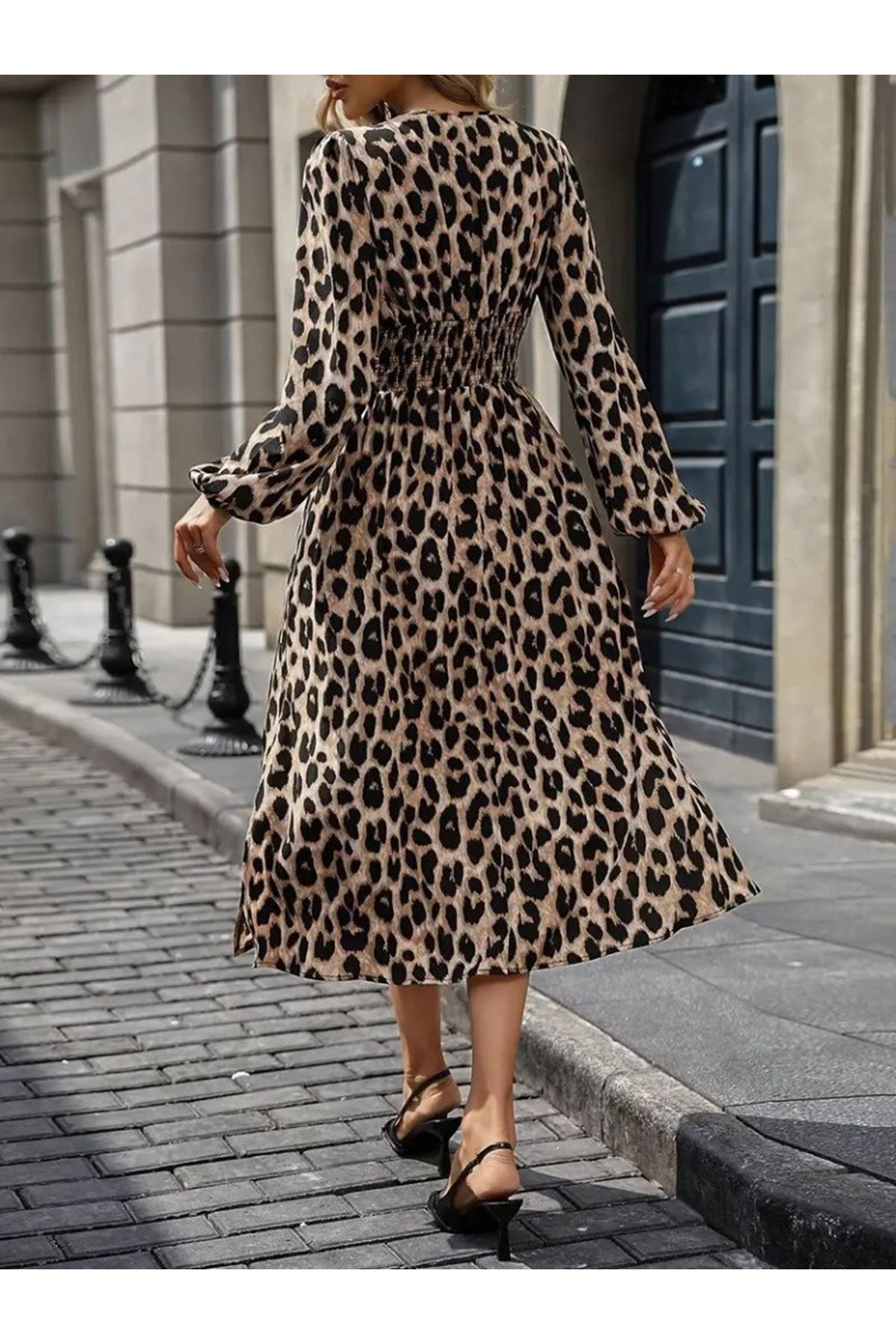 Kadın Uzun Kollu Kruvaze Yaka Belden Oturtmalı Midi Modal Leopar Desenli Elbise