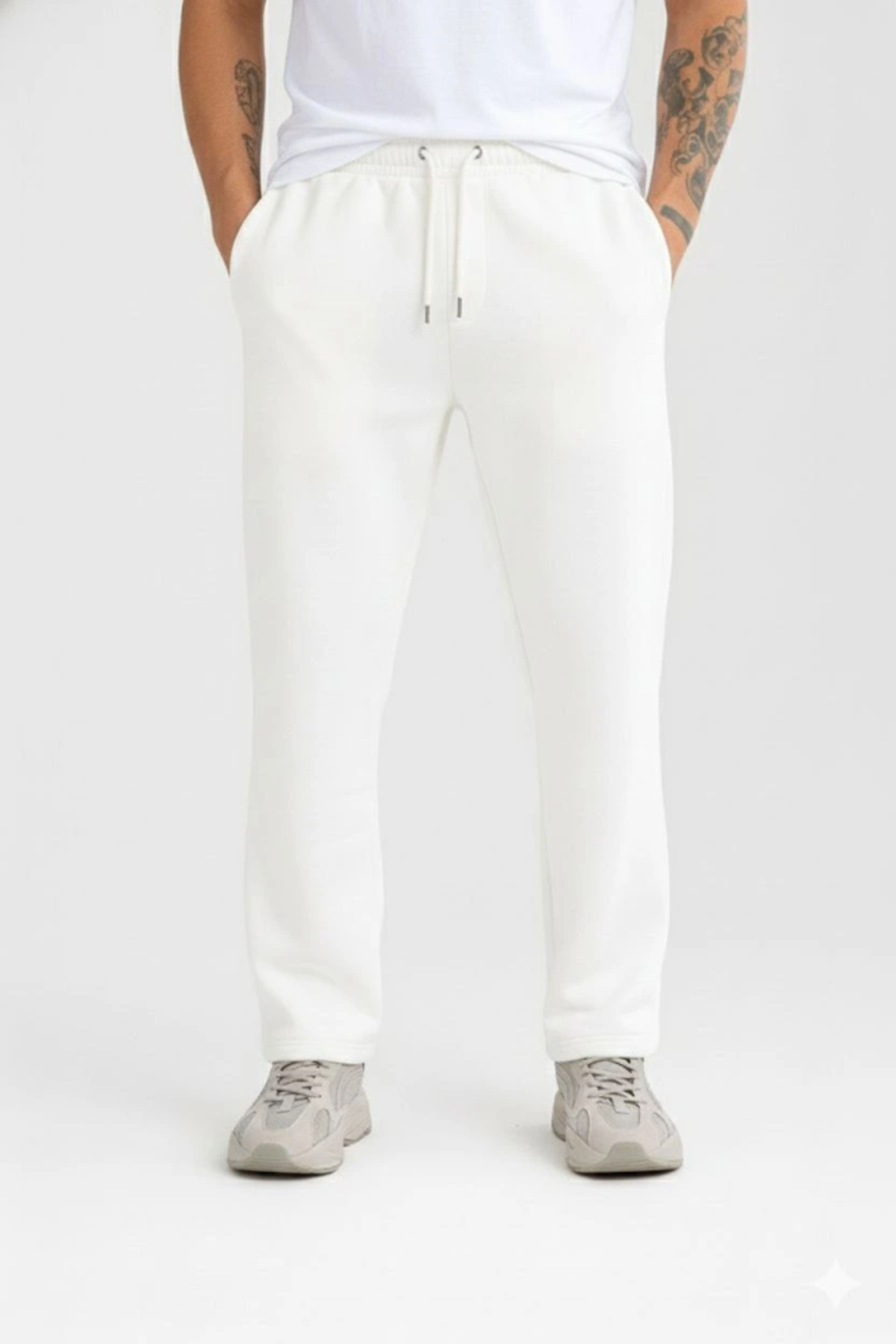 Erkek Üç Iplik Kışlık Pamuklu Ovarsize Bağcıklı Düz Paça Cepli Eşofman Altı Spor Rahat Model - Beyaz