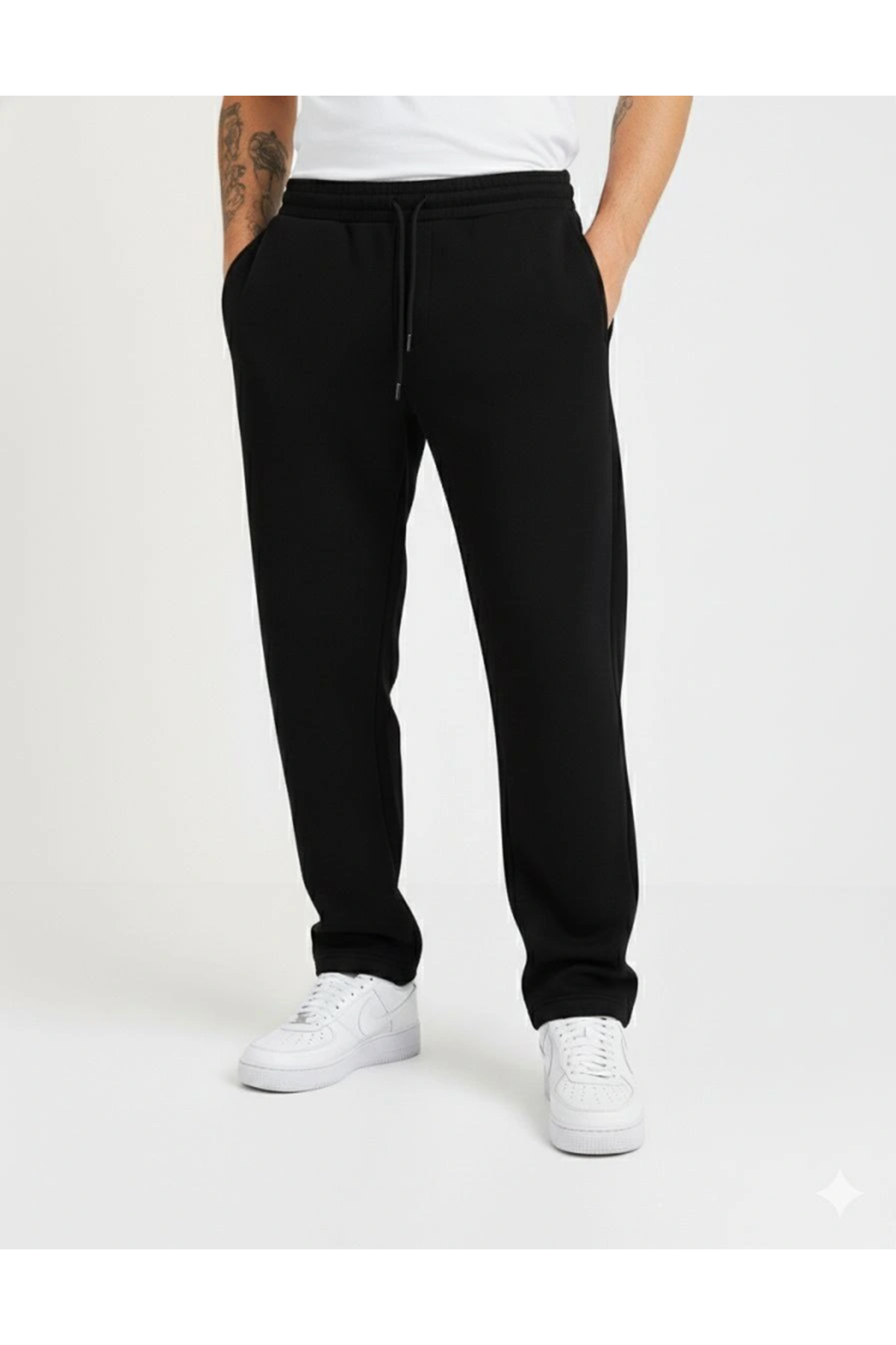 Erkek Üç Iplik Kışlık Pamuklu Ovarsize Bağcıklı Düz Paça Cepli Eşofman Altı Spor Rahat Model - Siyah