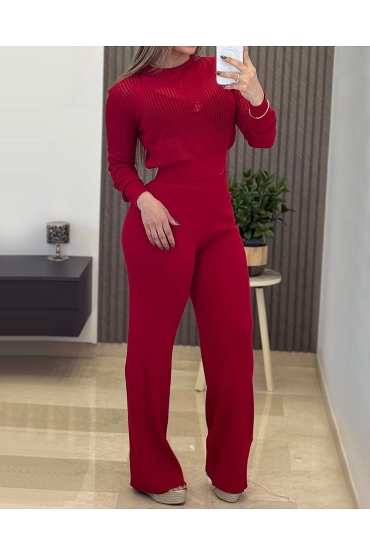 Kadın Uzun Kollu Yuvarlak Yaka Transparan Detaylı Triko Bluz Ve Pantolon Ikili Takım