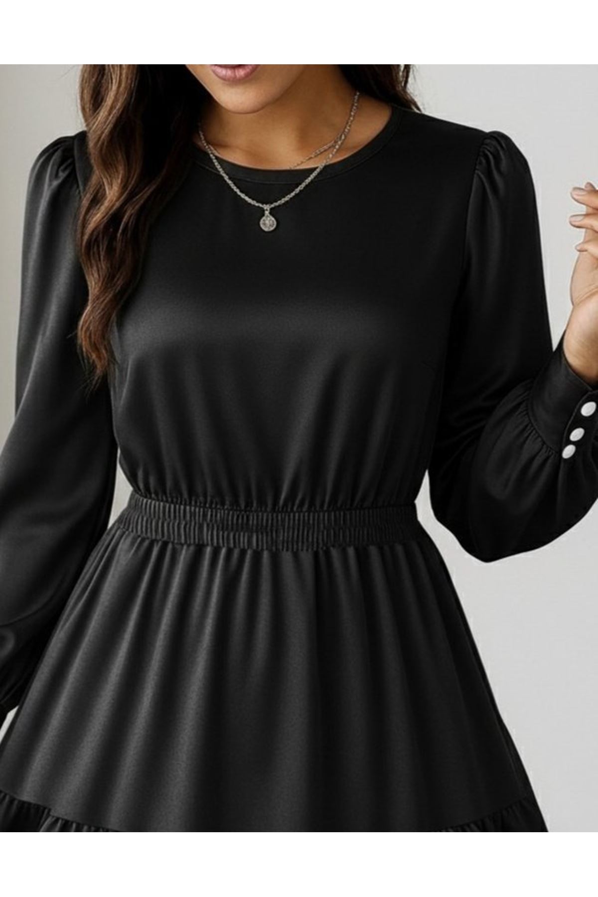 Kadın Uzun Kollu Bisiklet Yaka Beli Lastikli Fırfırlı Ithal Krep Elbise