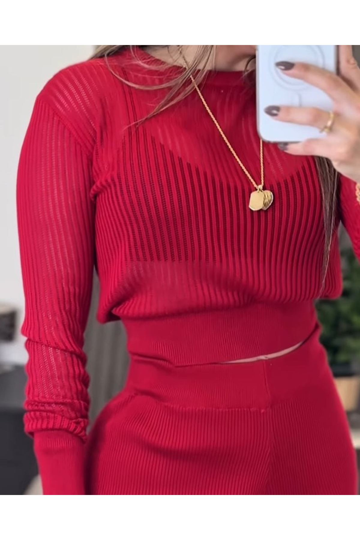 Kadın Uzun Kollu Yuvarlak Yaka Transparan Detaylı Triko Bluz Ve Pantolon Ikili Takım