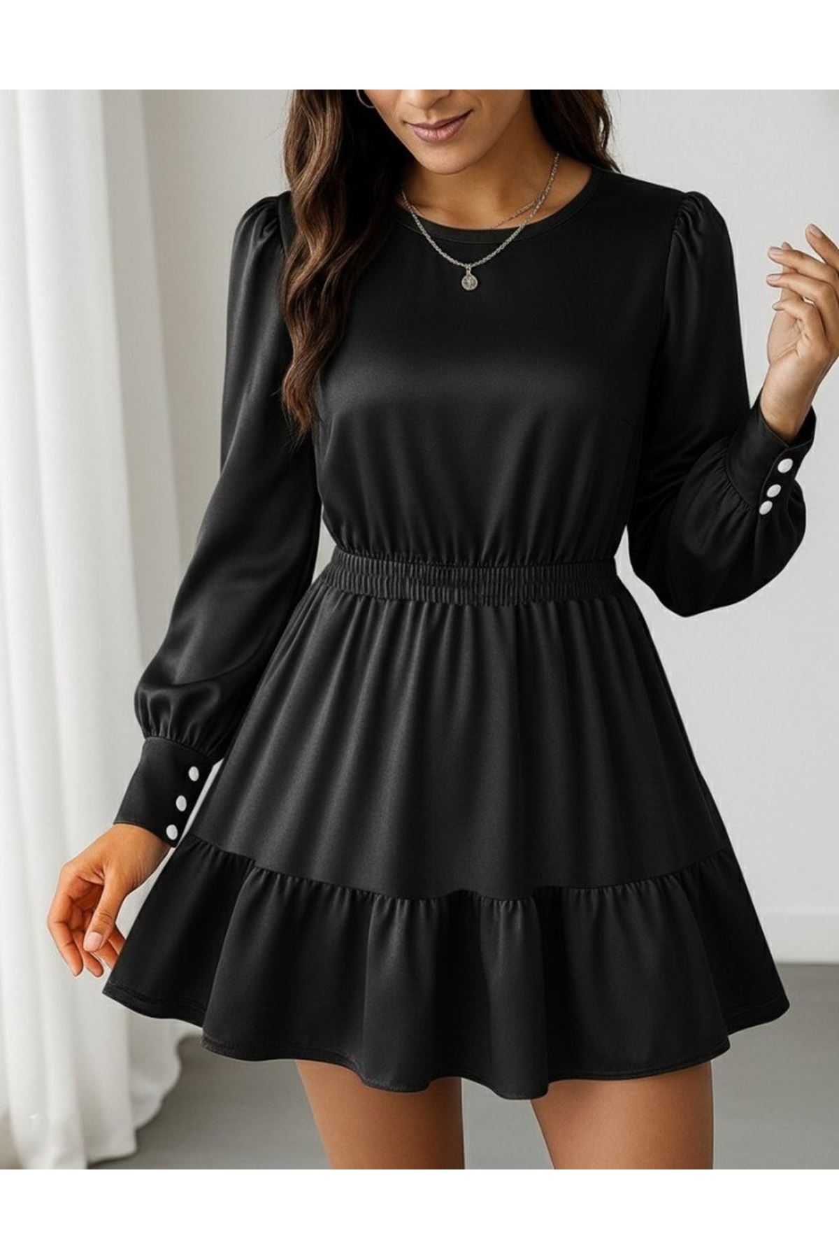 Kadın Uzun Kollu Bisiklet Yaka Beli Lastikli Fırfırlı Ithal Krep Elbise