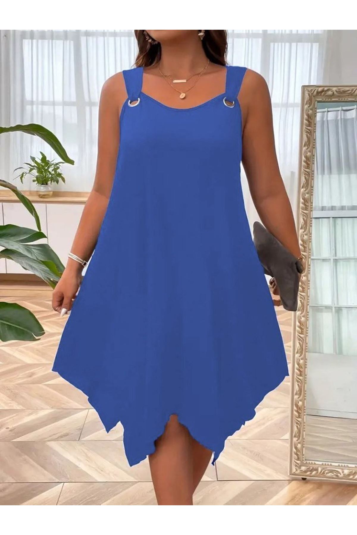 Kadın Askılı Yuvarlak Yaka Kuş Gözü Detaylı Asimetrik Viskon Elbise