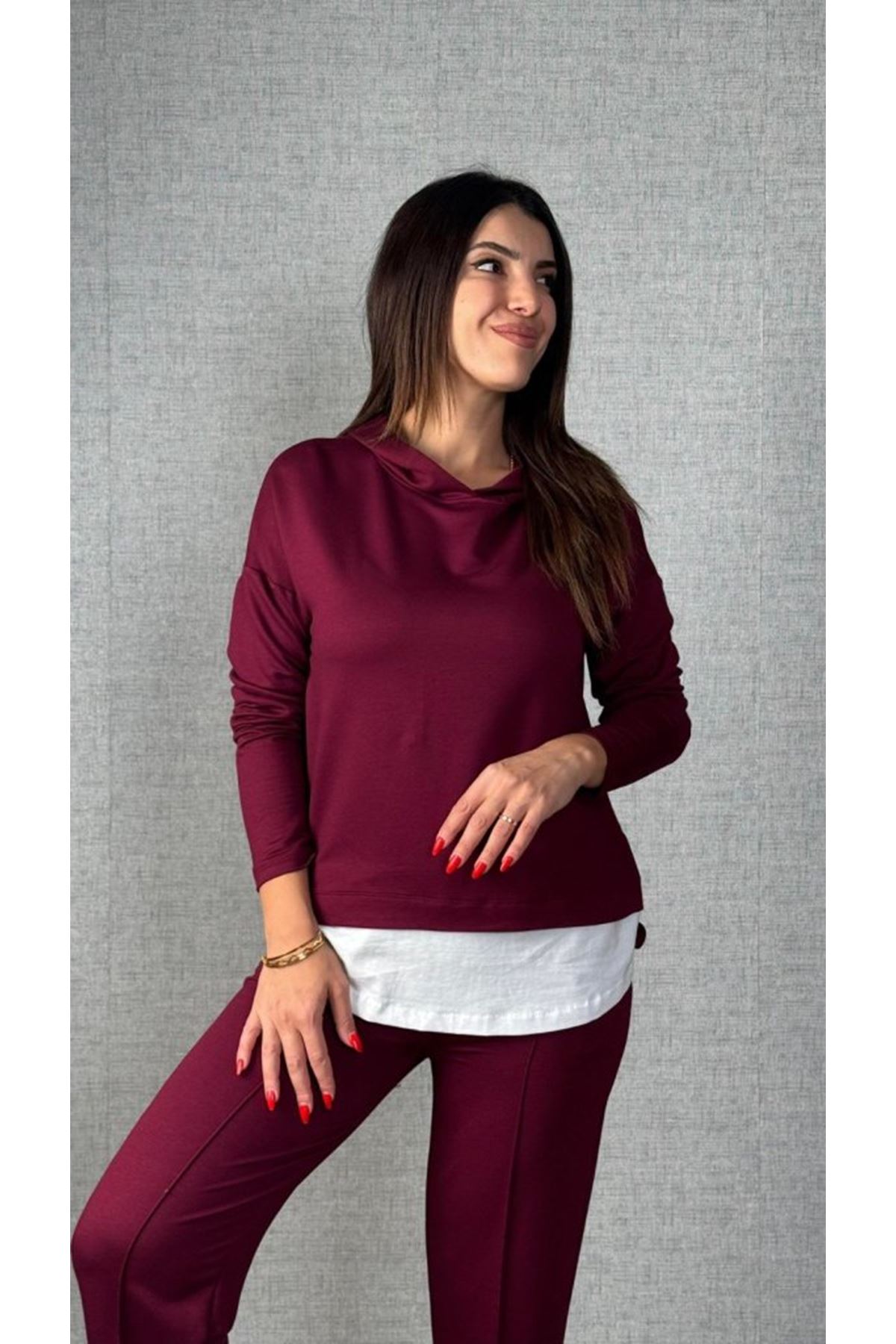 Kadın Uzun Kollu Kapşonlu Bağcıklı Viskon Iki Iplik Bluz Ve Pantolon Ikili Takım