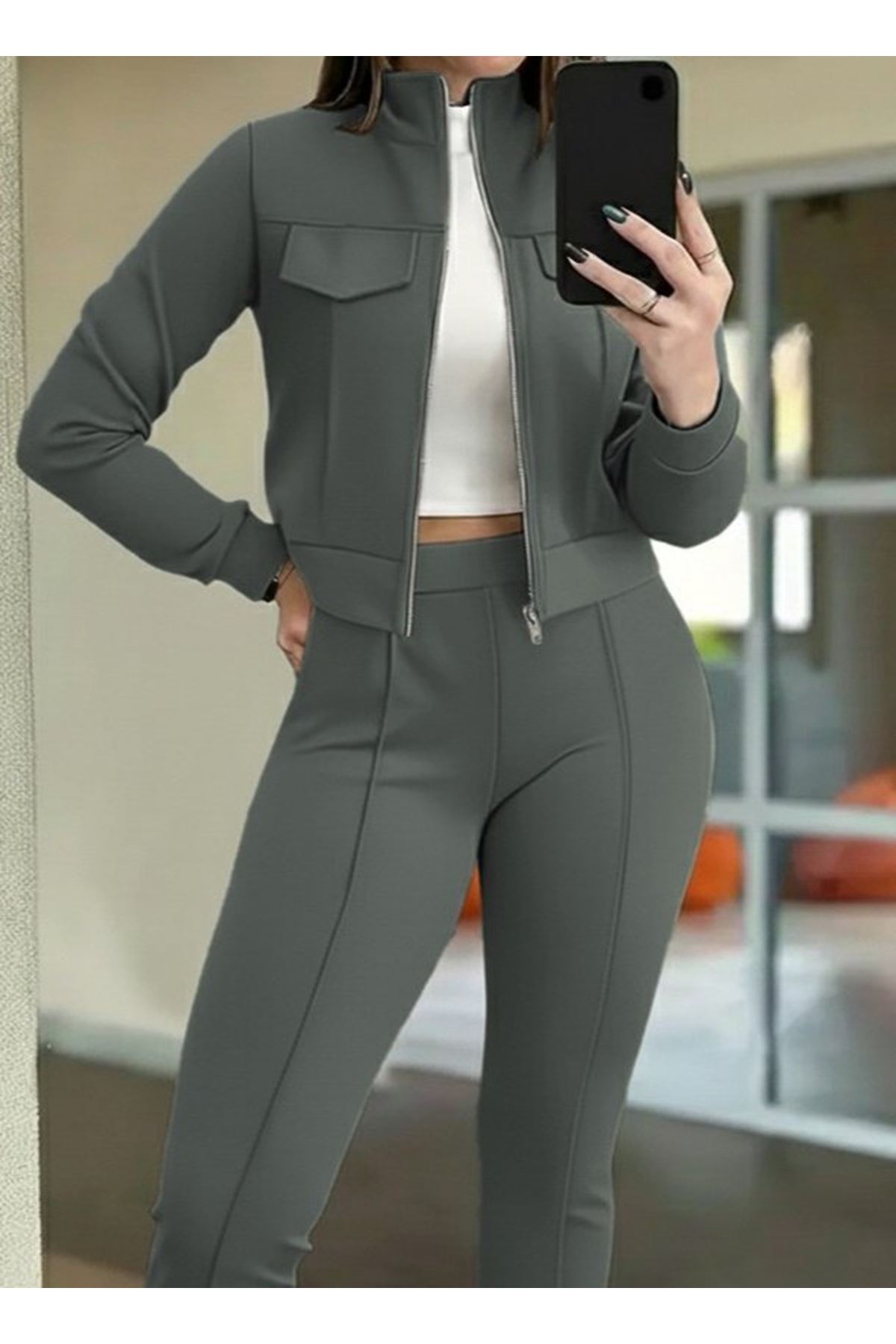 Kadın Uzun Kollu önden Fermuarlı Kısa Modal Ceket Ve Pantolon Ikili Takım