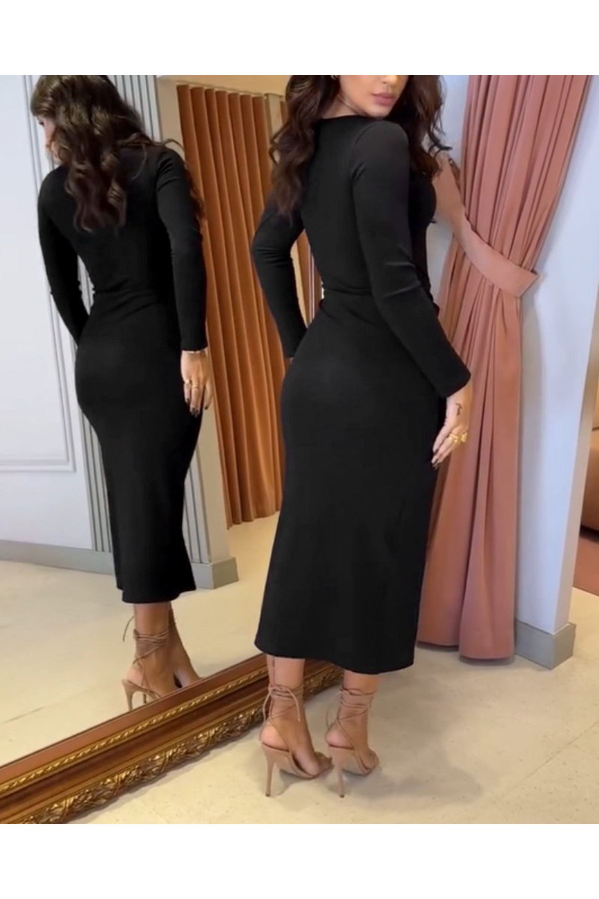 Kadın Uzun Kollu Kruvaze Yaka Yandan Toka Detaylı önden çapraz Detaylı Ottoman Elbise