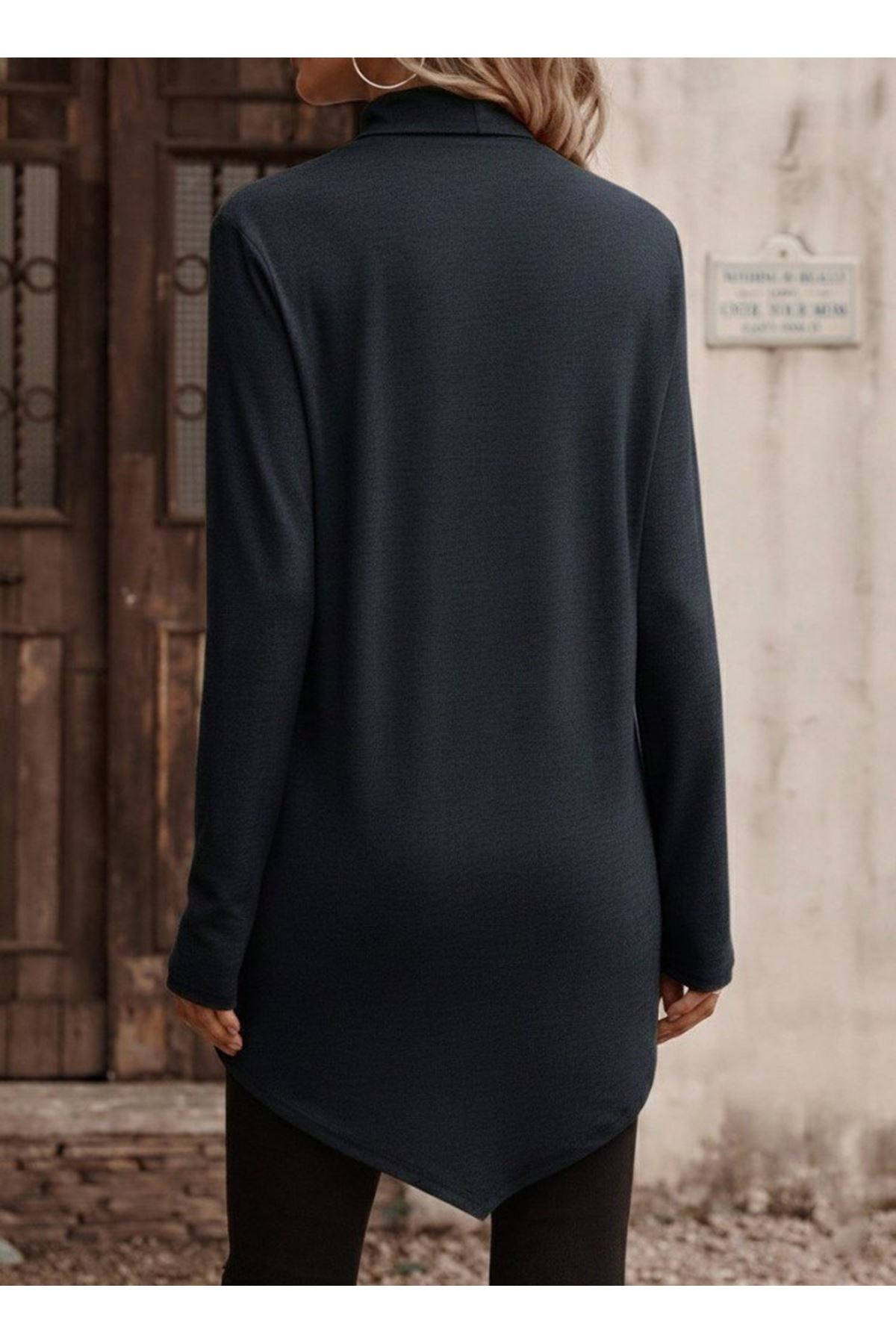 Kadın Uzun Kollu Balıkçı Yaka Asimetrik Kesim Detaylı Antrasit Yün Viskon Bluz