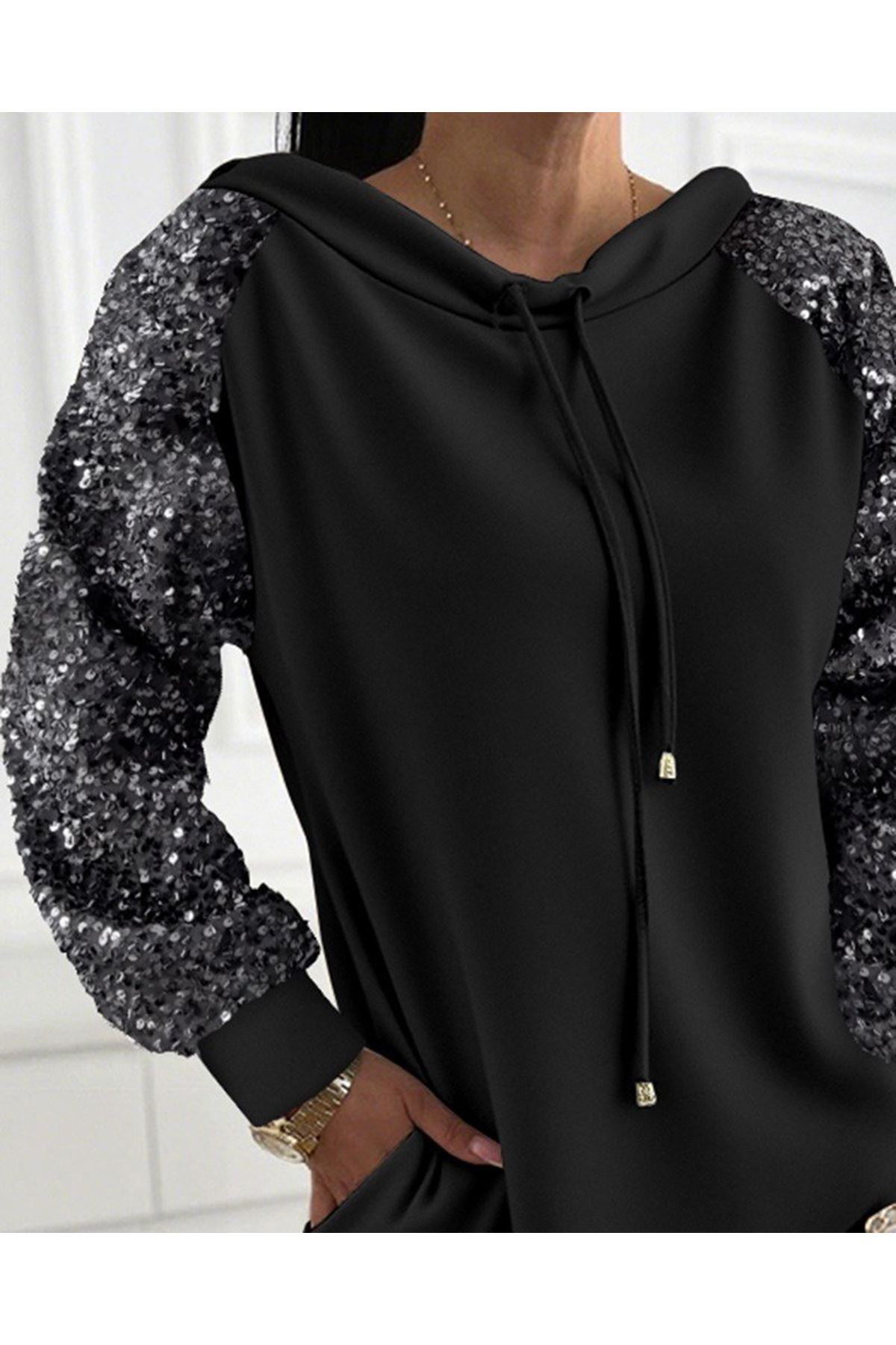 Kadın Uzun Kollu Pulpayetli Bağcıklı Cep Detaylı Mini Viskon Iki Iplik Elbise