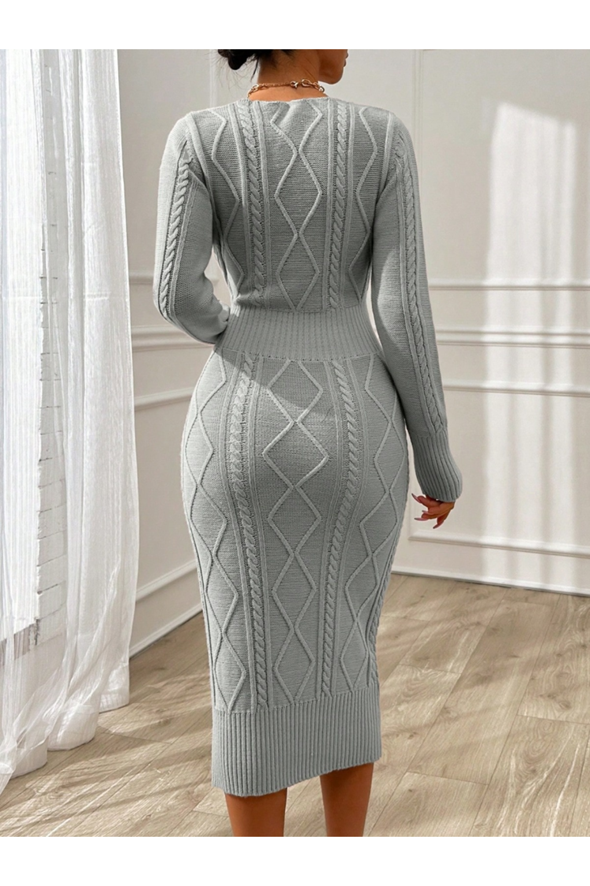 Kadın Uzun Kollu Kruvaze Yaka Triko Midi Boy Elbise