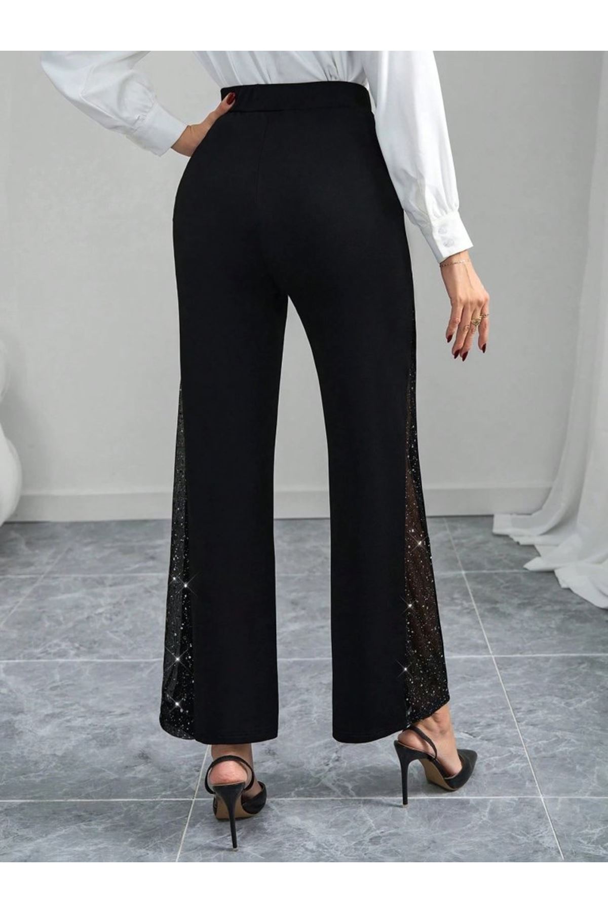 Kadın Yüksek Bel Yanlardan Tül Detaylı Ithal Krep Pantolon