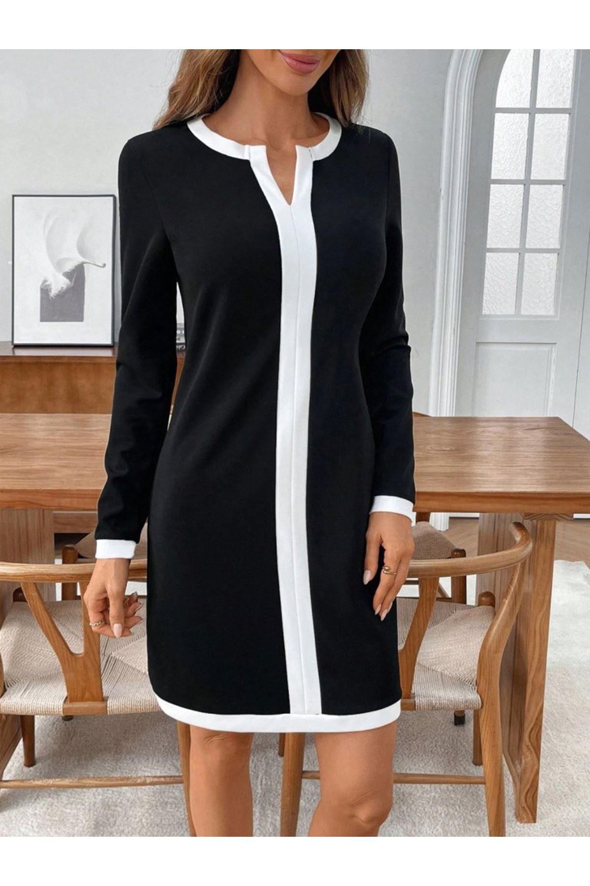 Kadın Uzun Kollu Yuvarlak V Yakalı şerit Detaylı Modal Mini Elbise