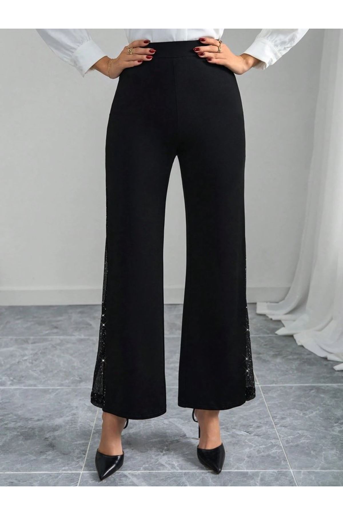 Kadın Yüksek Bel Yanlardan Tül Detaylı Ithal Krep Pantolon