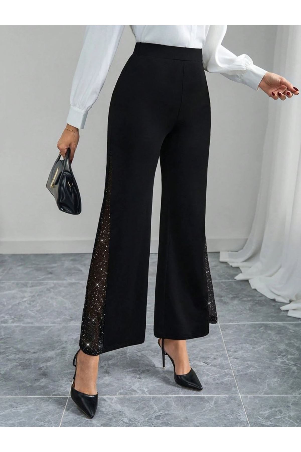 Kadın Yüksek Bel Yanlardan Tül Detaylı Ithal Krep Pantolon