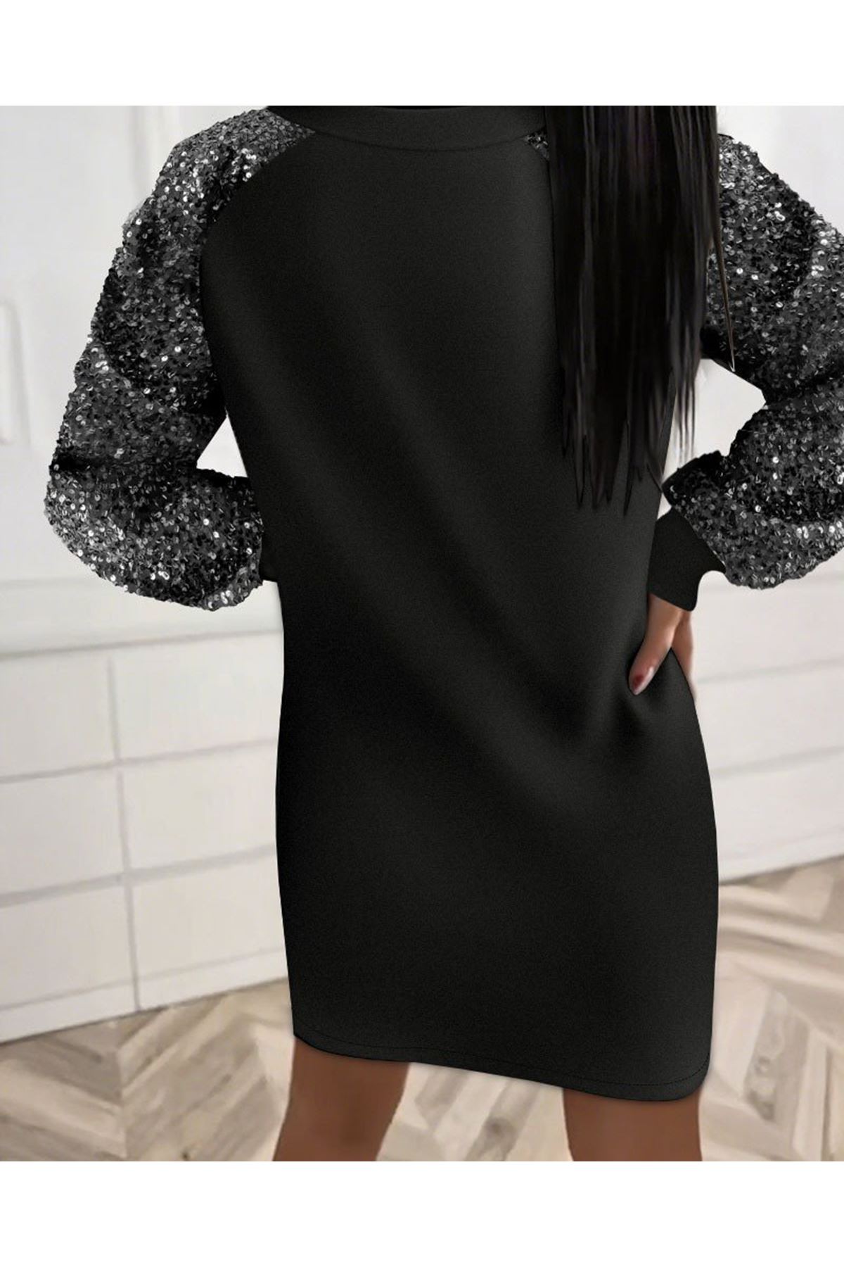 Kadın Uzun Kollu Pulpayetli Bağcıklı Cep Detaylı Mini Viskon Iki Iplik Elbise